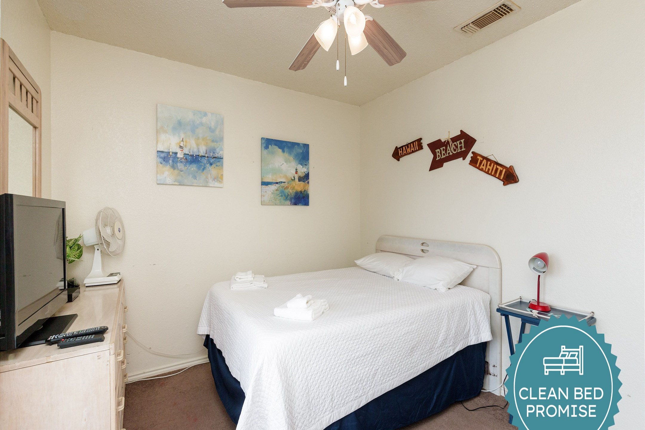 Sleep better at Padre Escapes with our exclusive Clean Bed Promise, providing fresh linens, comforters, and towels washed at high temperatures exceeding CDC recommendations, setting us apart for a truly restful vacation 
