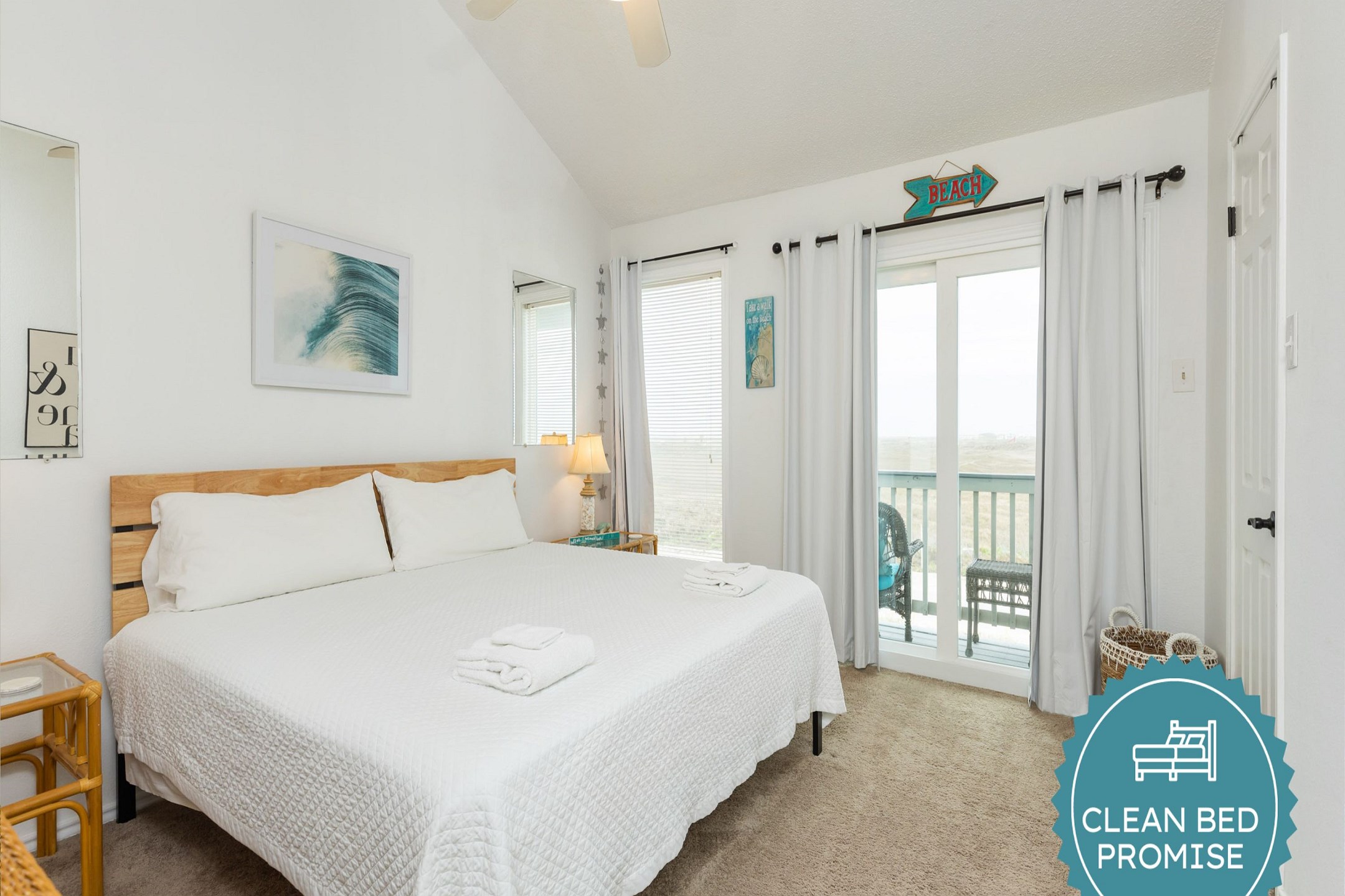 Sleep better at Padre Escapes with our exclusive Clean Bed Promise; providing fresh linens, comforters, and towels washed at high temperatures exceeding CDC recommendations, setting us apart for a truly restful vacation