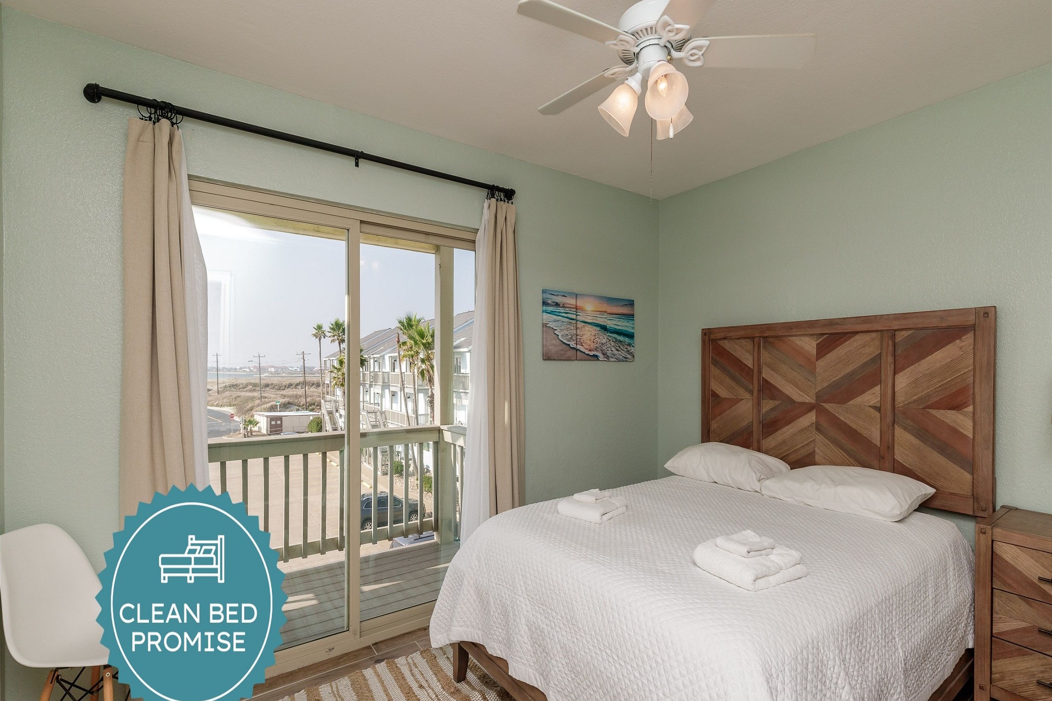 Sleep better at Padre Escapes with our exclusive Clean Bed Promise, providing fresh linens, comforters, and towels washed at high temperatures exceeding CDC recommendations, setting us apart for a truly restful vacation 