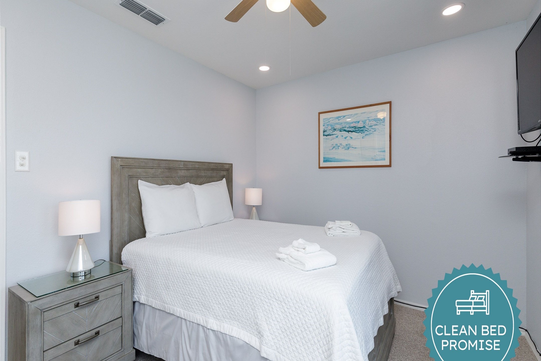 Sleep better at Padre Escapes with our exclusive Clean Bed Promise, providing fresh linens, comforters, and towels washed at high temperatures exceeding CDC recommendations, setting us apart for a truly restful vacation