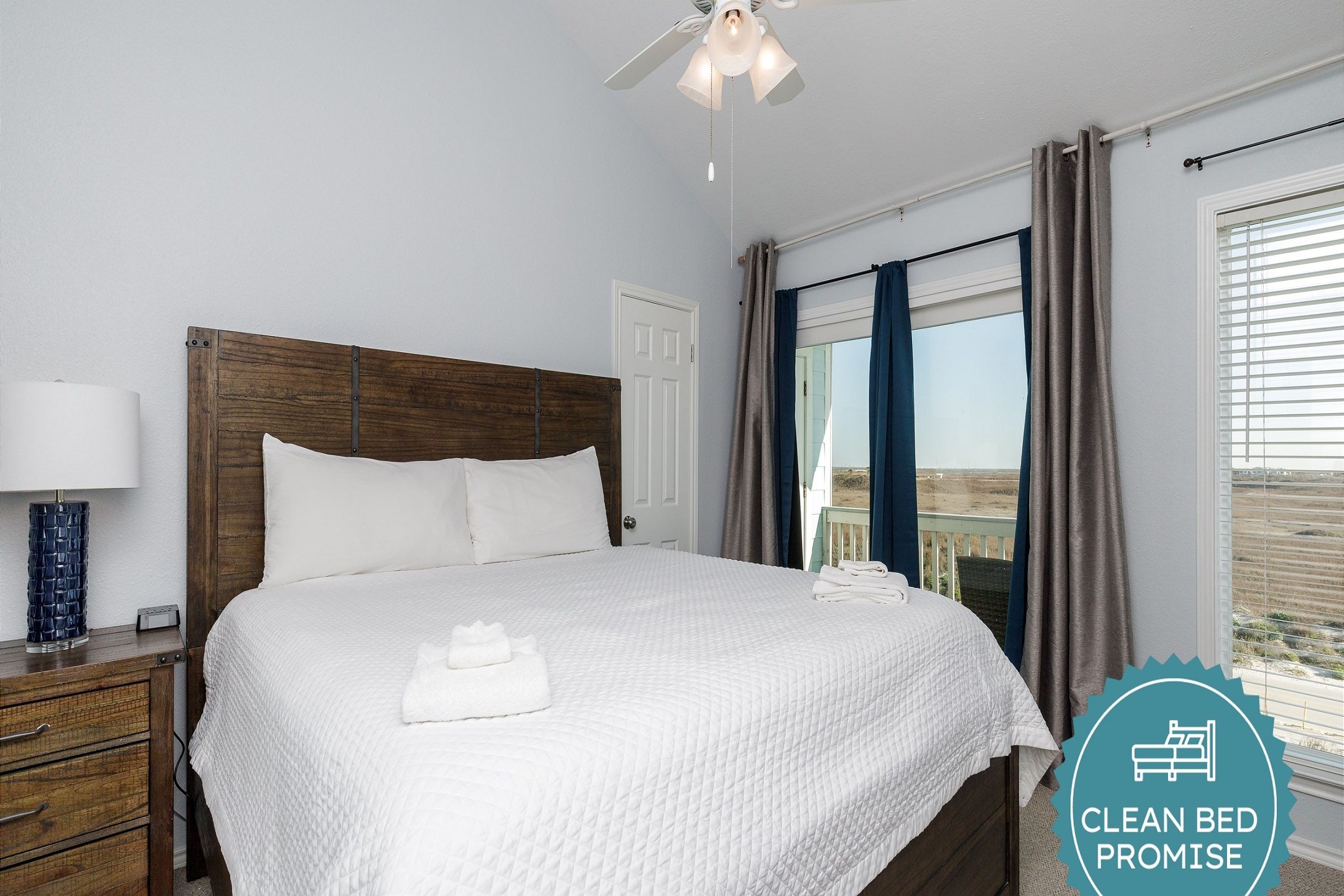 Sleep better at Padre Escapes with our exclusive Clean Bed Promise, providing fresh linens, comforters, and towels washed at high temperatures exceeding CDC recommendations, setting us apart for a truly restful vacation