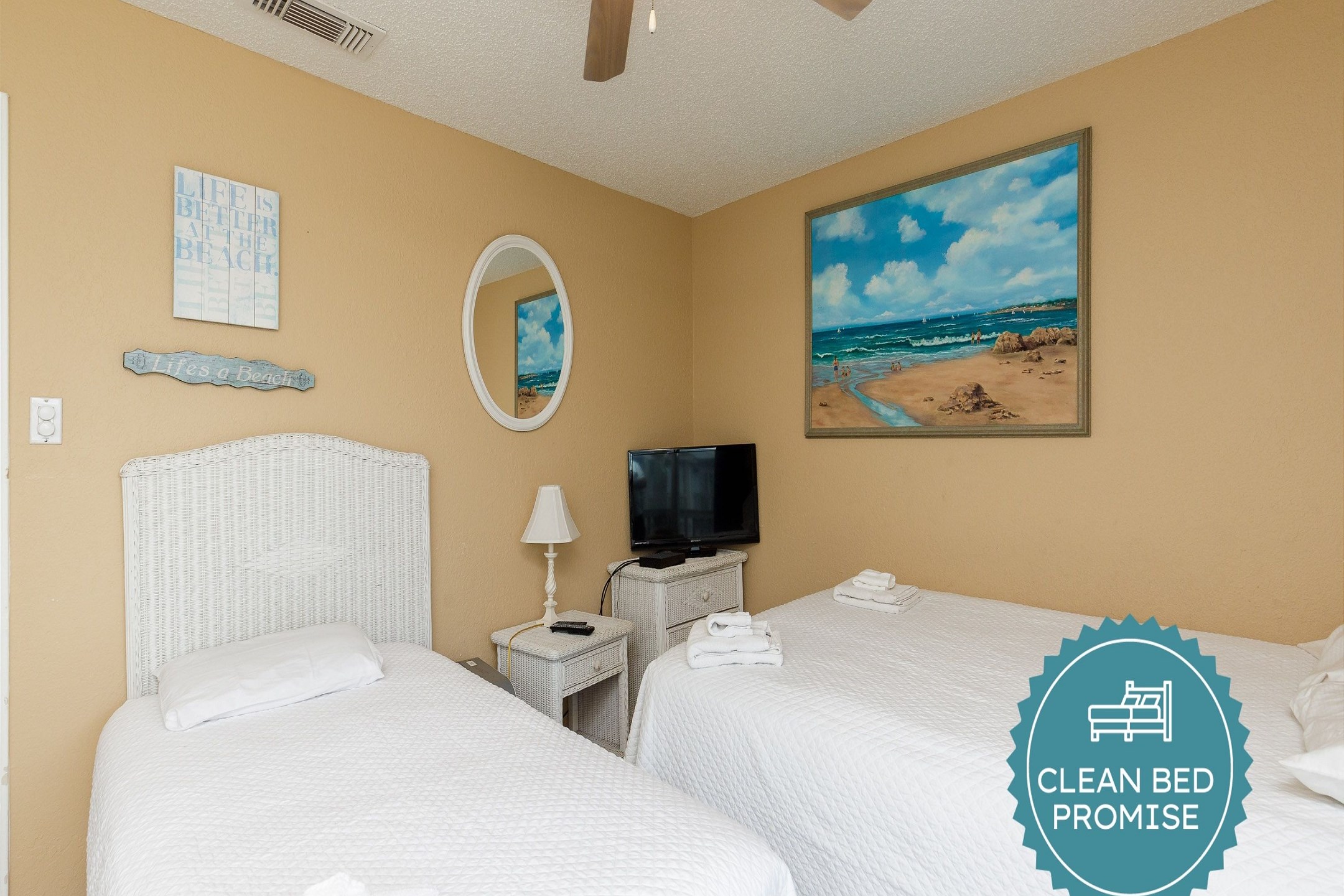 Sleep better at Padre Escapes with our exclusive Clean Bed Promise, providing fresh linens, comforters, and towels washed at high temperatures exceeding CDC recommendations, setting us apart for a truly restful vacation