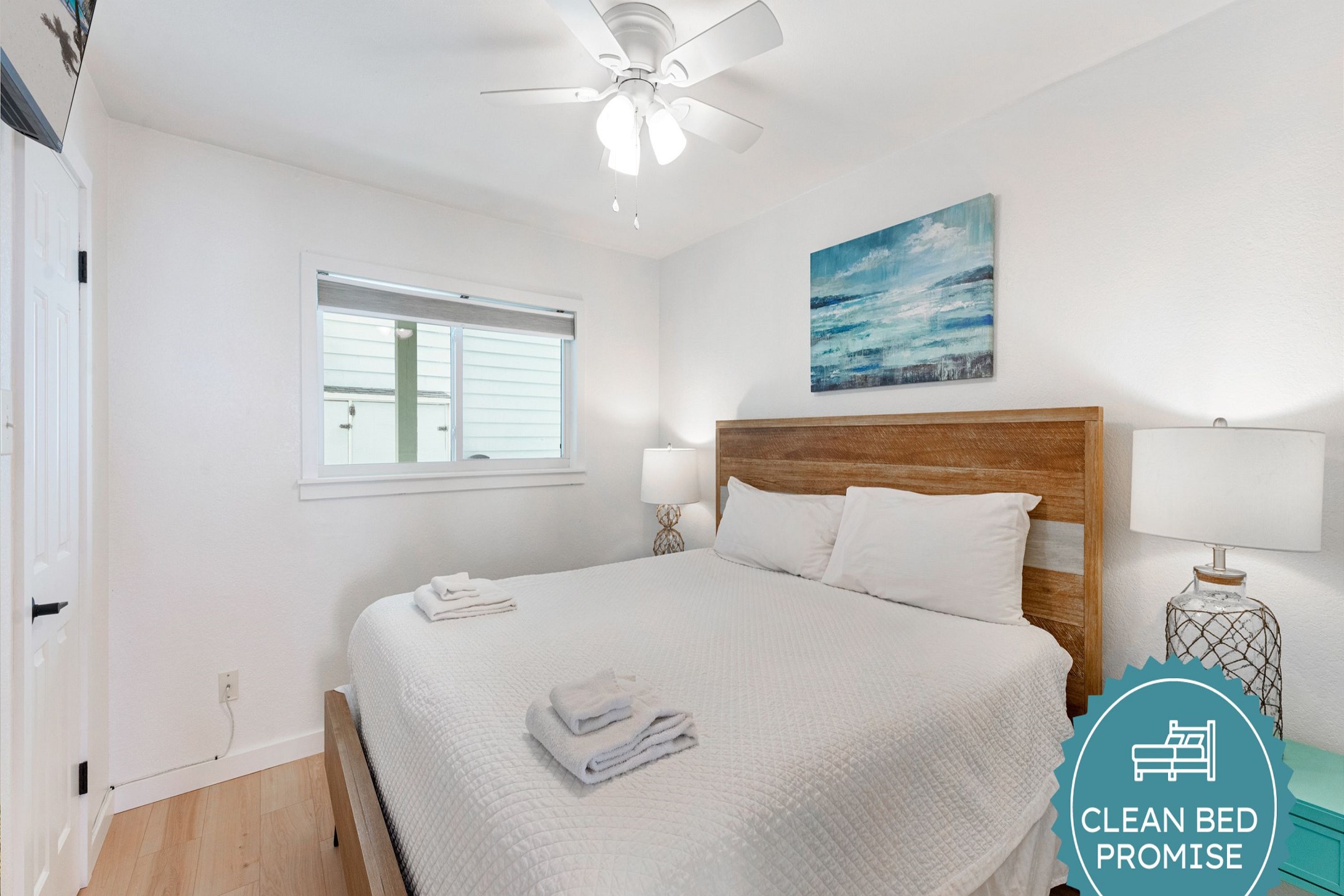 Sleep better at Padre Escapes with our exclusive Clean Bed Promise, providing fresh linens, comforters, and towels washed at high temperatures exceeding CDC recommendations, setting us apart for a truly restful vacation 
