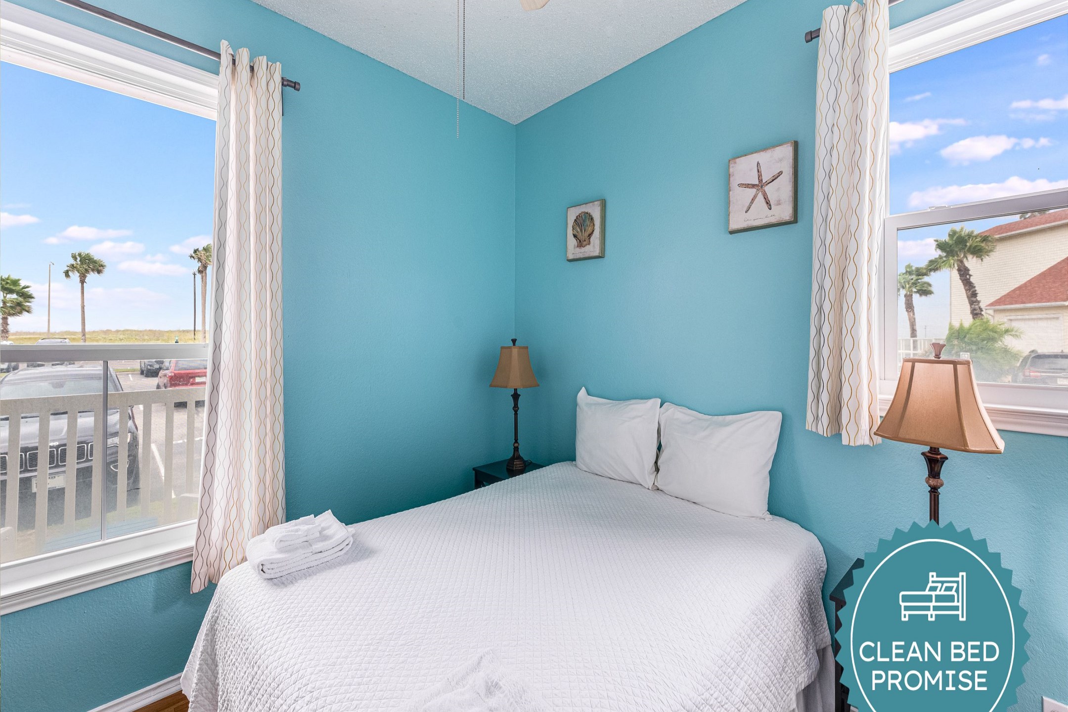 Sleep better at Padre Escapes with our exclusive Clean Bed Promise, providing fresh linens, comforters, and towels washed at high temperatures exceeding CDC recommendations, setting us apart for a truly restful vacation
