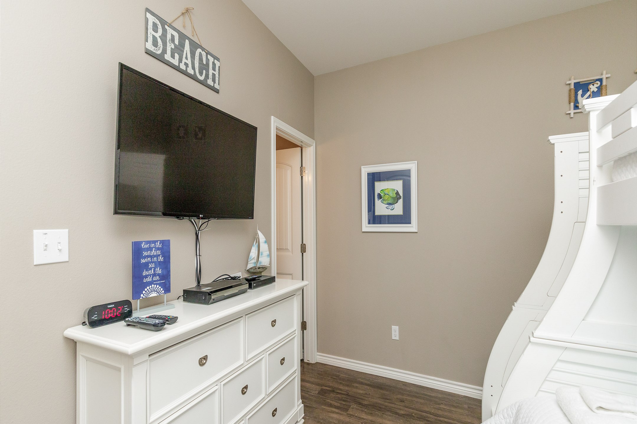 Second bedroom on the second floor with twin over full size bunk bed, twin trundle, private bathroom and flat screen TV