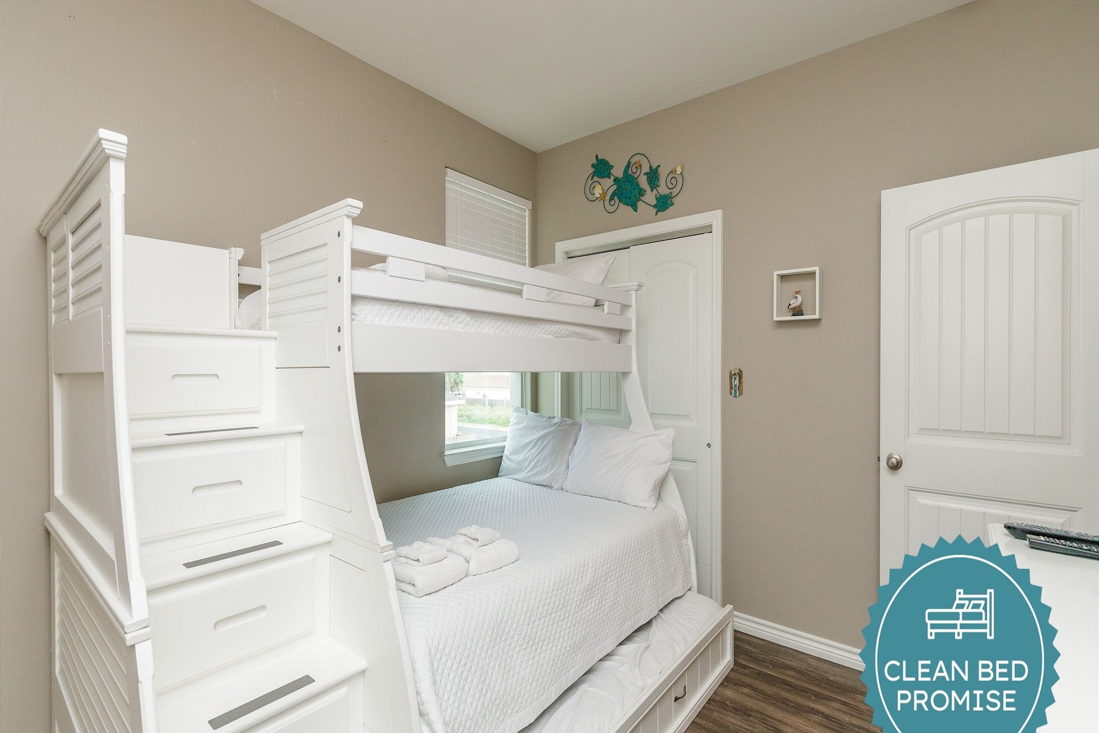Sleep better at Padre Escapes with our exclusive Clean Bed Promise; providing fresh linens, comforters, and towels washed at high temperatures exceeding CDC recommendations, setting us apart for a truly restful vacation