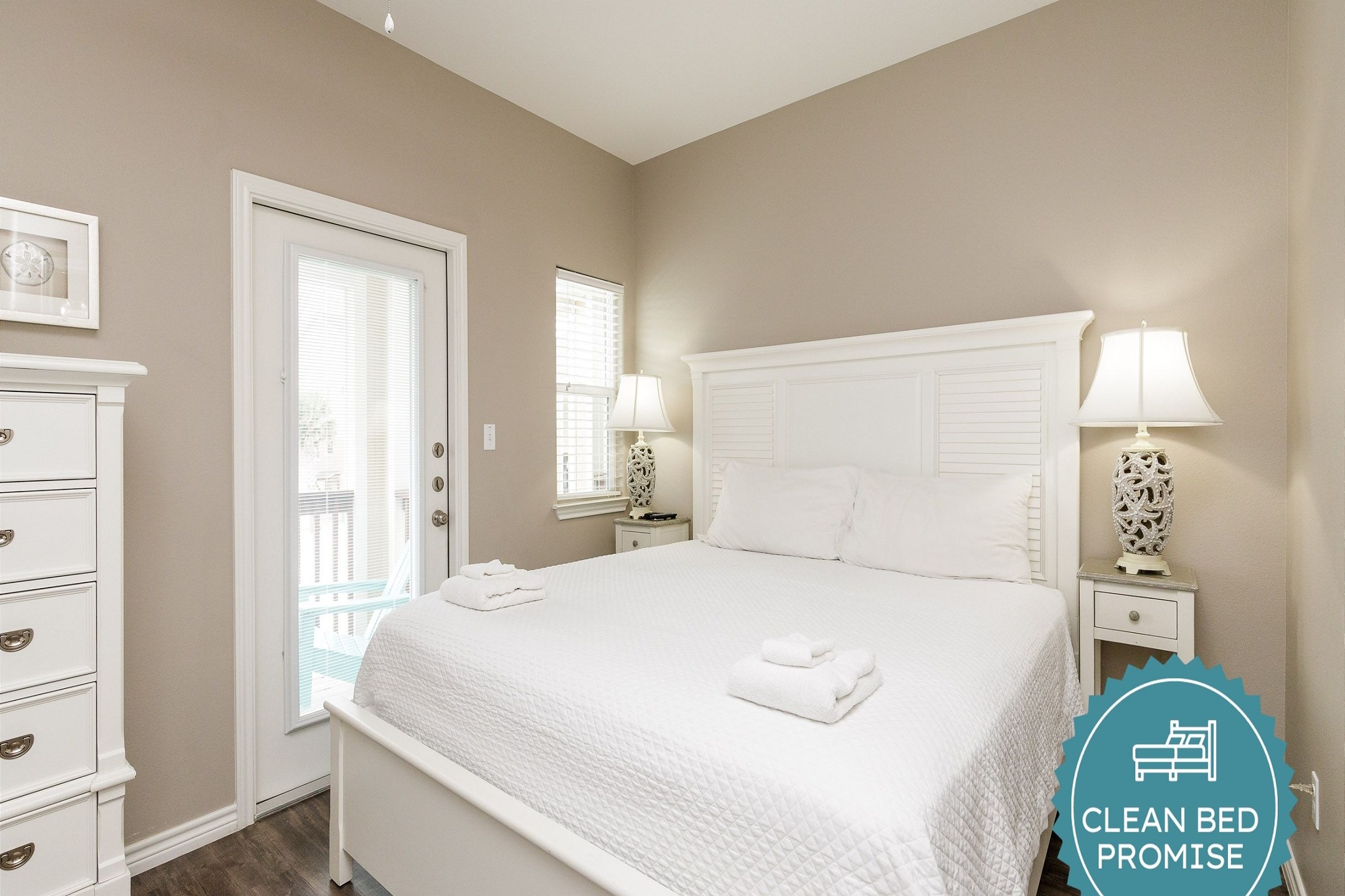 Sleep better at Padre Escapes with our exclusive Clean Bed Promise; providing fresh linens, comforters, and towels washed at high temperatures exceeding CDC recommendations, setting us apart for a truly restful vacation