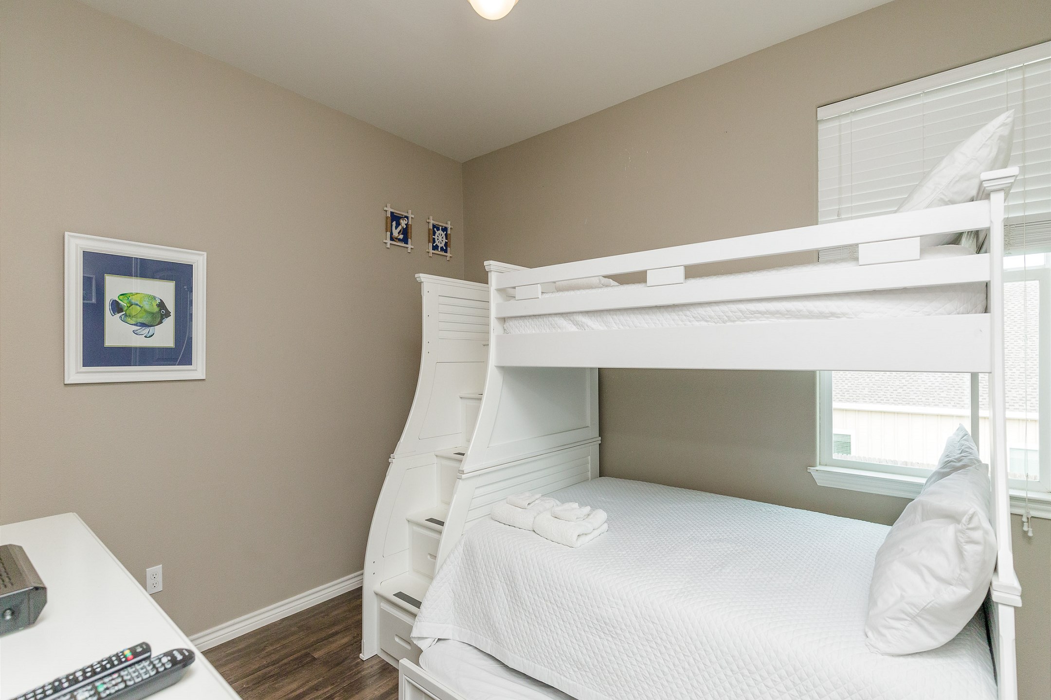 Second bedroom on the second floor with twin over full size bunk bed, twin trundle, private bathroom and flat screen TV