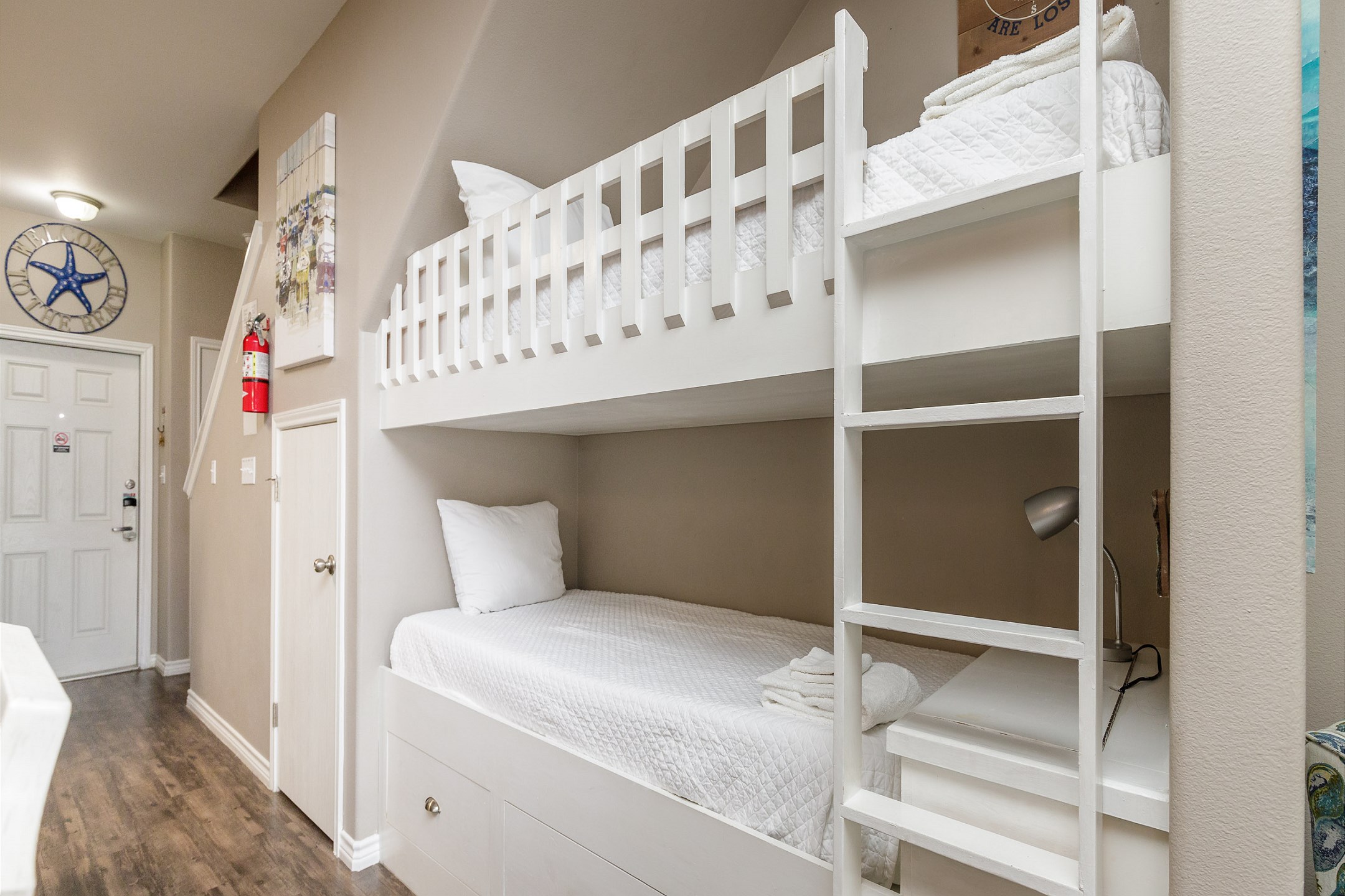 Twin size bunk beds on the first floor 