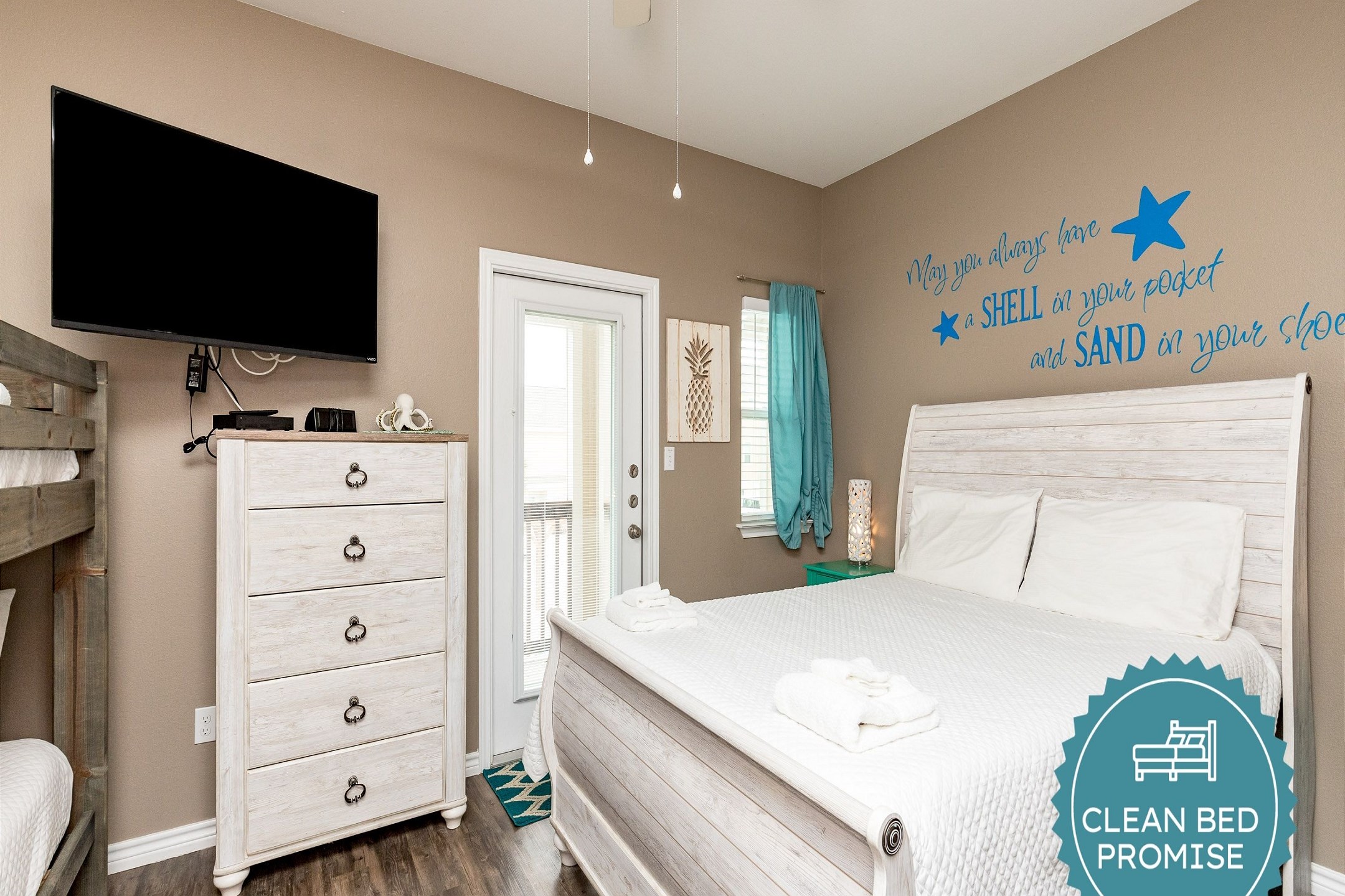 Sleep better at Padre Escapes with our exclusive Clean Bed Promise, providing fresh linens, comforters, and towels washed at high temperatures exceeding CDC recommendations, setting us apart for a truly restful vacation   