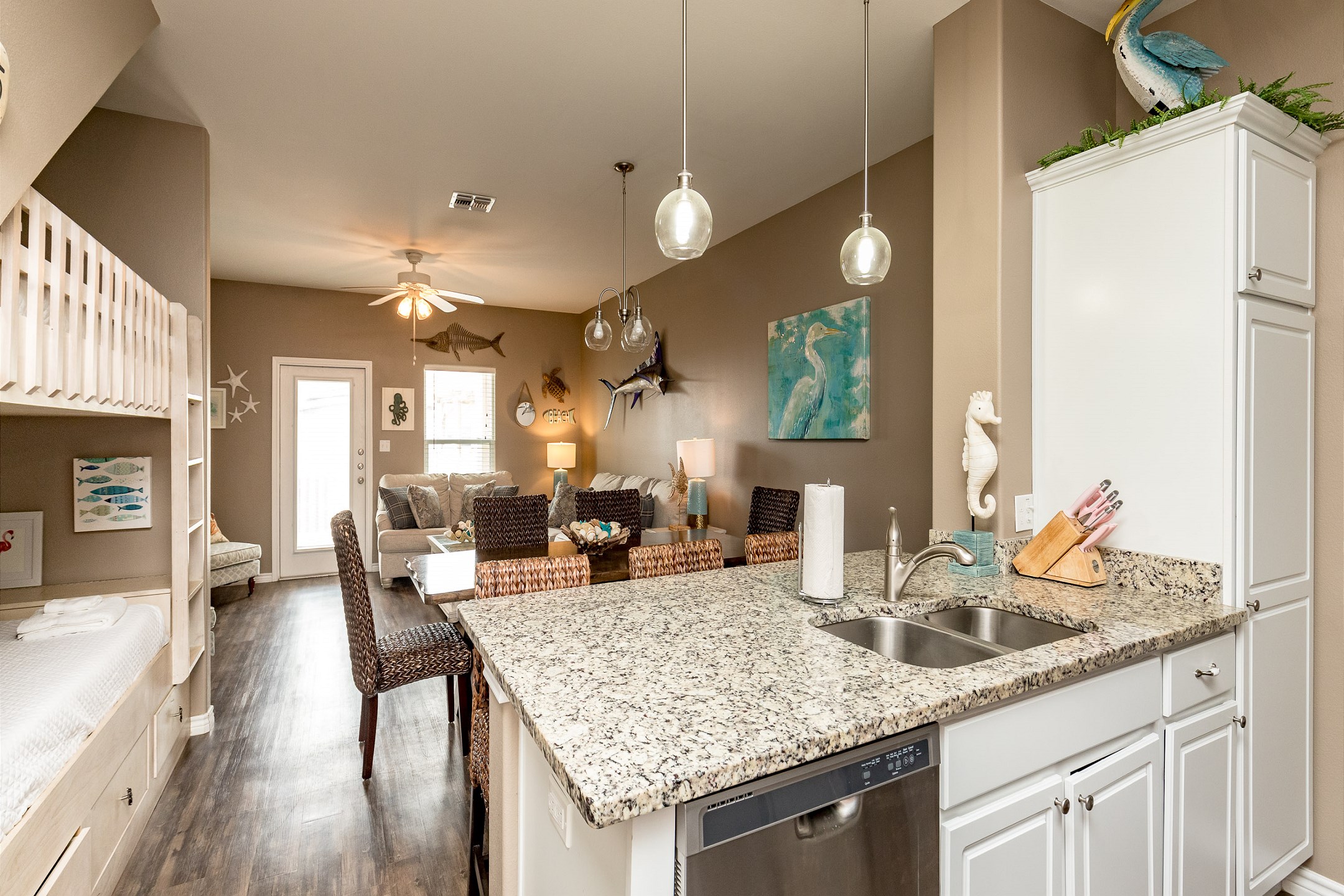 Open-concept layout connecting the dining area to the kitchen