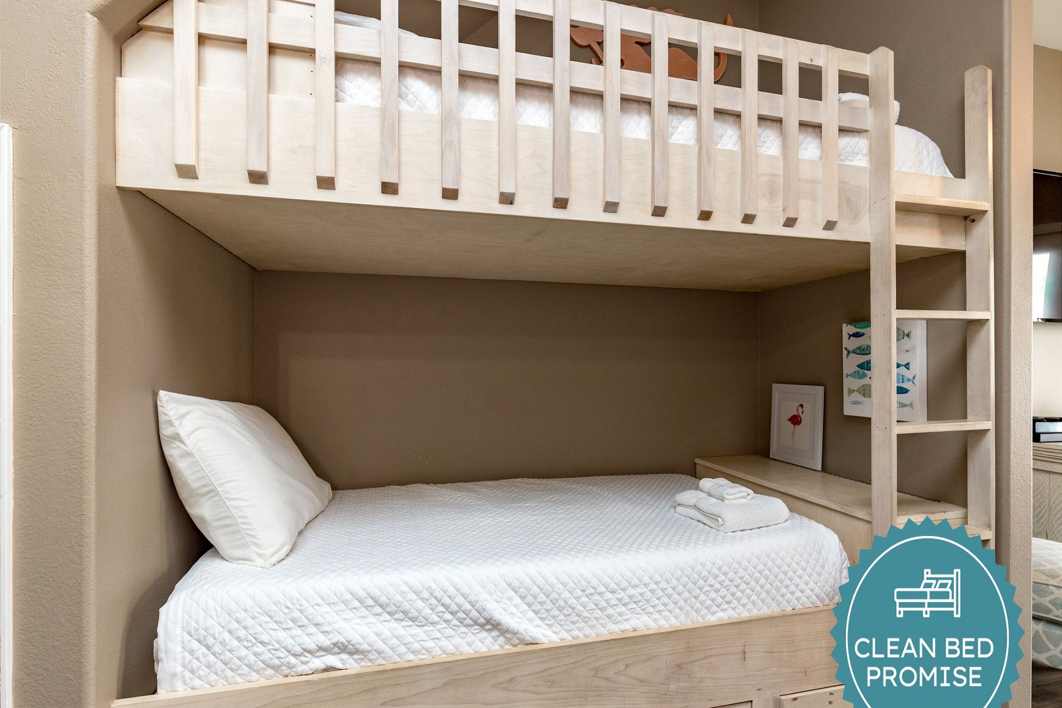 Sleep better at Padre Escapes with our exclusive Clean Bed Promise, providing fresh linens, comforters, and towels washed at high temperatures exceeding CDC recommendations, setting us apart for a truly restful vacation   