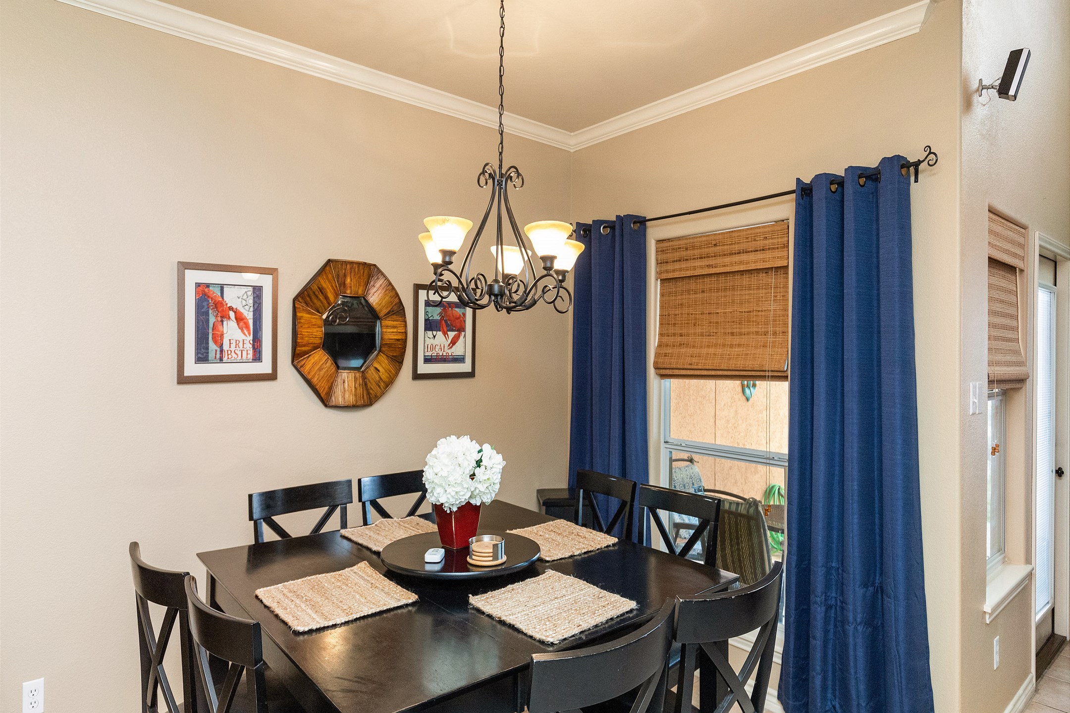 Spacious dining room with seating for eight guests