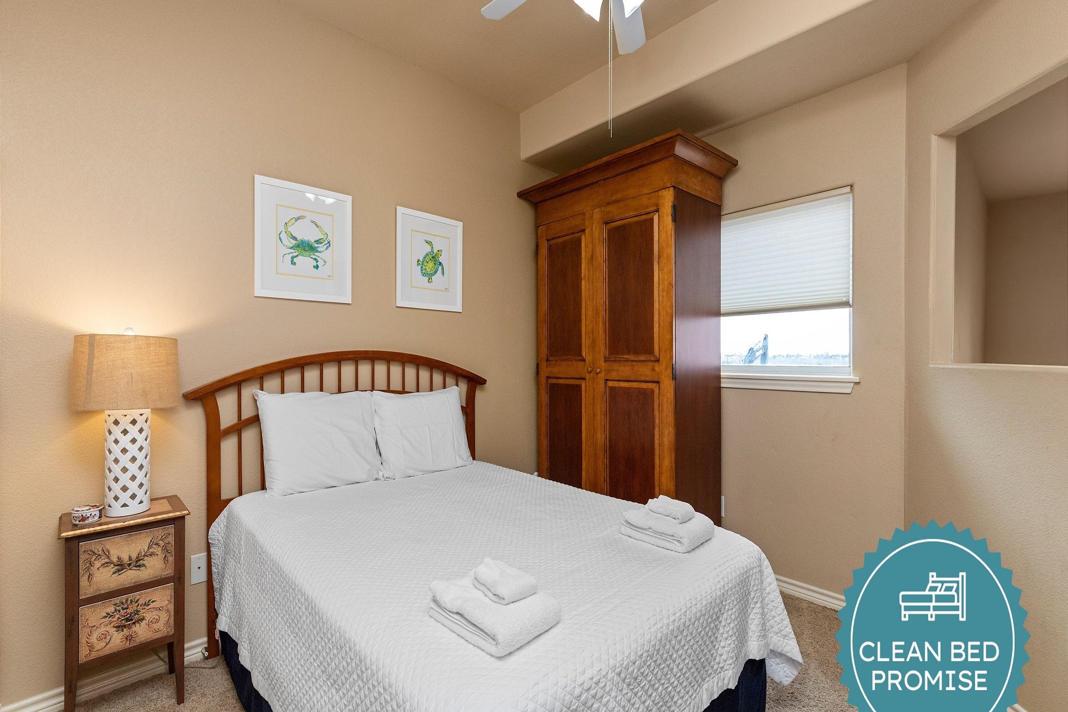 Sleep better at Padre Escapes with our exclusive Clean Bed Promise; providing fresh linens, comforters, and towels washed at high temperatures exceeding CDC recommendations, setting us apart for a truly restful vacation