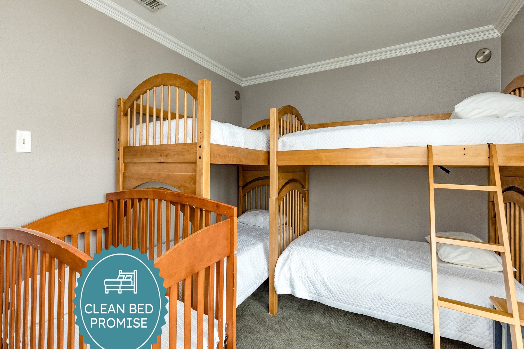 Sleep better at Padre Escapes with our exclusive Clean Bed Promise; providing fresh linens, comforters, and towels washed at high temperatures exceeding CDC recommendations, setting us apart for a truly restful vacation 