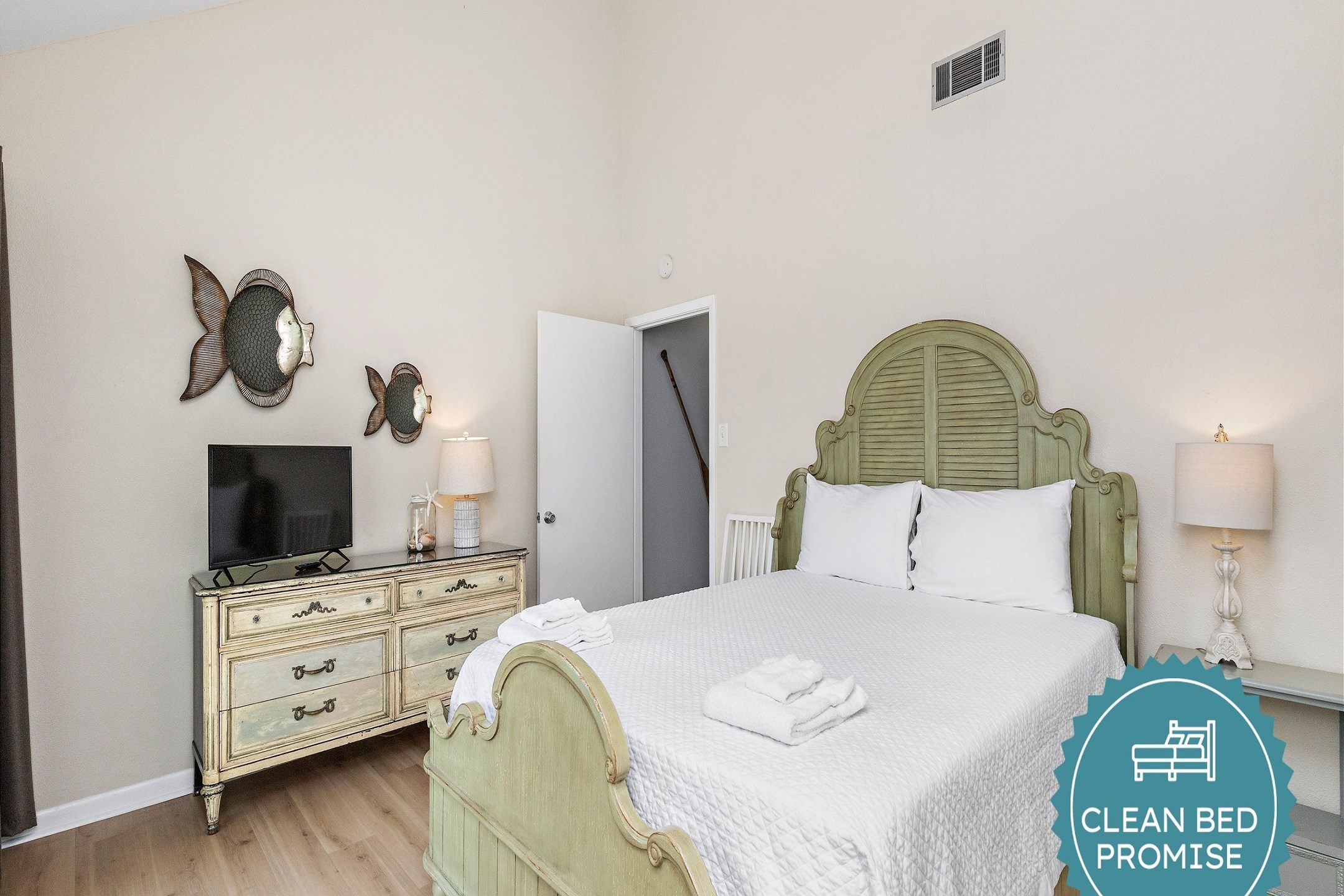 Sleep better at Padre Escapes with our exclusive Clean Bed Promise; providing fresh linens, comforters, and towels washed at high temperatures exceeding CDC recommendations, setting us apart for a truly restful vacation