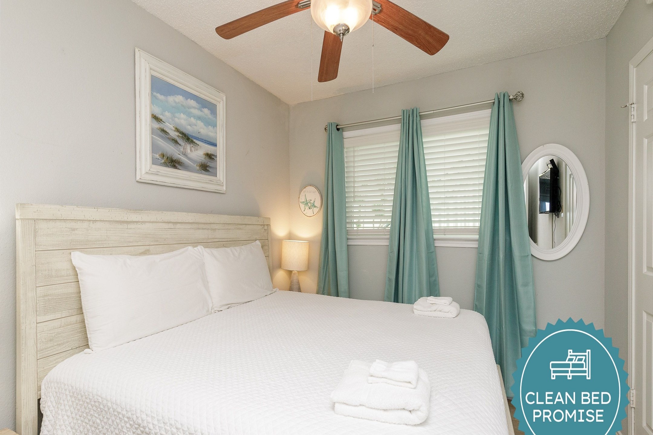 Sleep better at Padre Escapes with our exclusive Clean Bed Promise; providing fresh linens, comforters, and towels washed at high temperatures exceeding CDC recommendations, setting us apart for a truly restful vacation