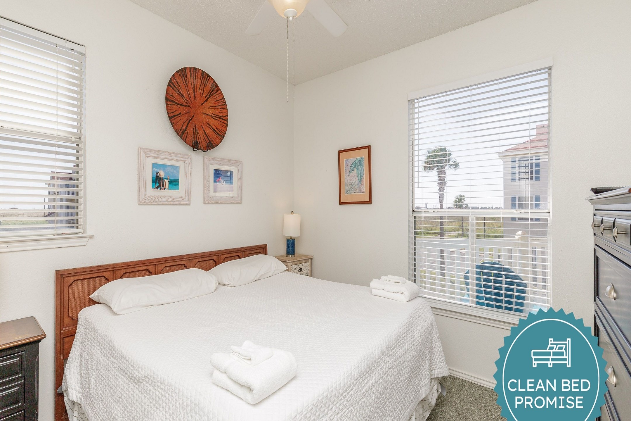 Sleep better at Padre Escapes with our exclusive Clean Bed Promise; providing fresh linens, comforters, and towels washed at high temperatures exceeding CDC recommendations, setting us apart for a truly restful vacation