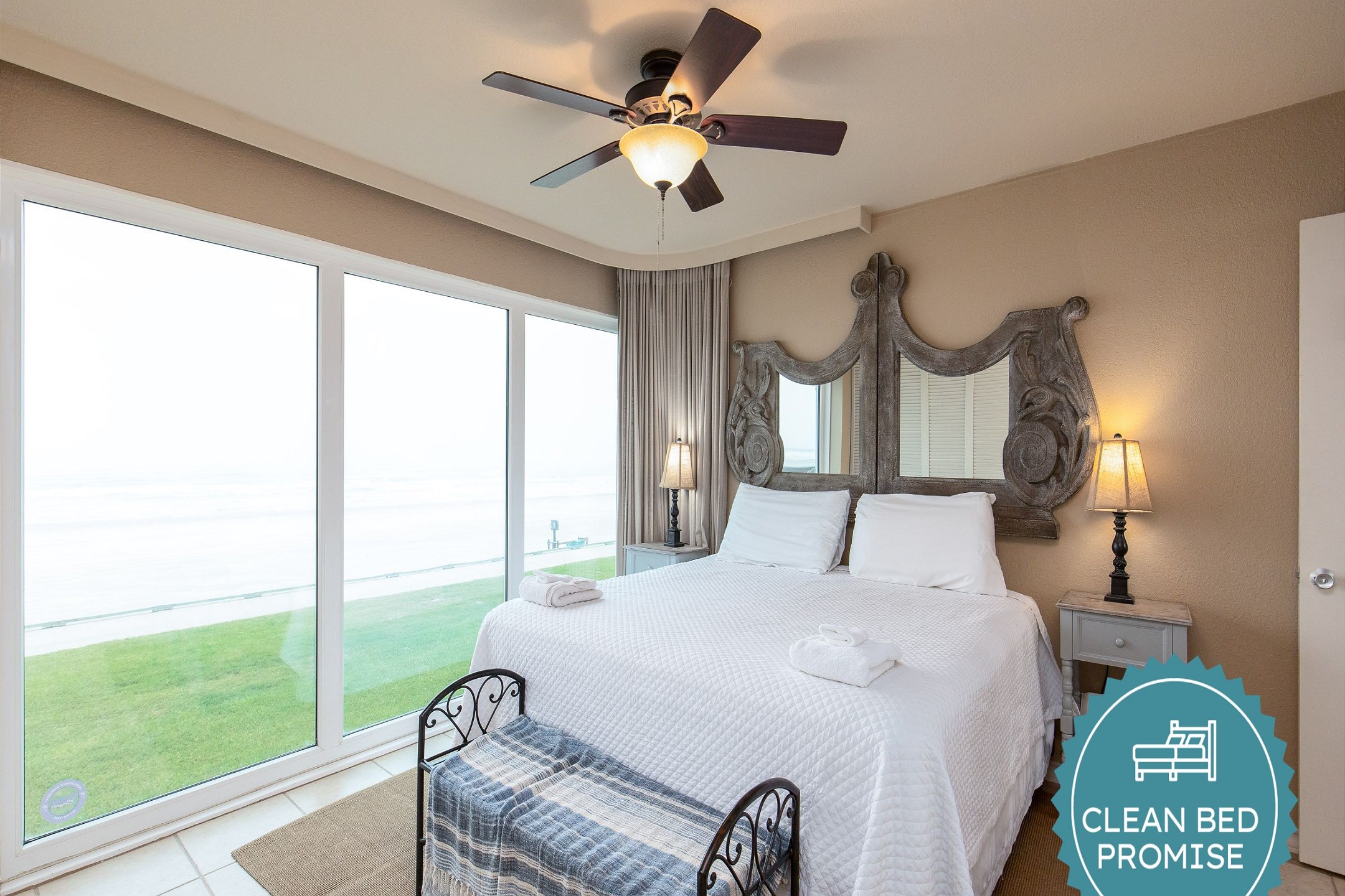 Sleep better at Padre Escapes with our exclusive Clean Bed Promise, providing fresh linens, comforters, and towels washed at high temperatures exceeding CDC recommendations, setting us apart for a truly restful vacation