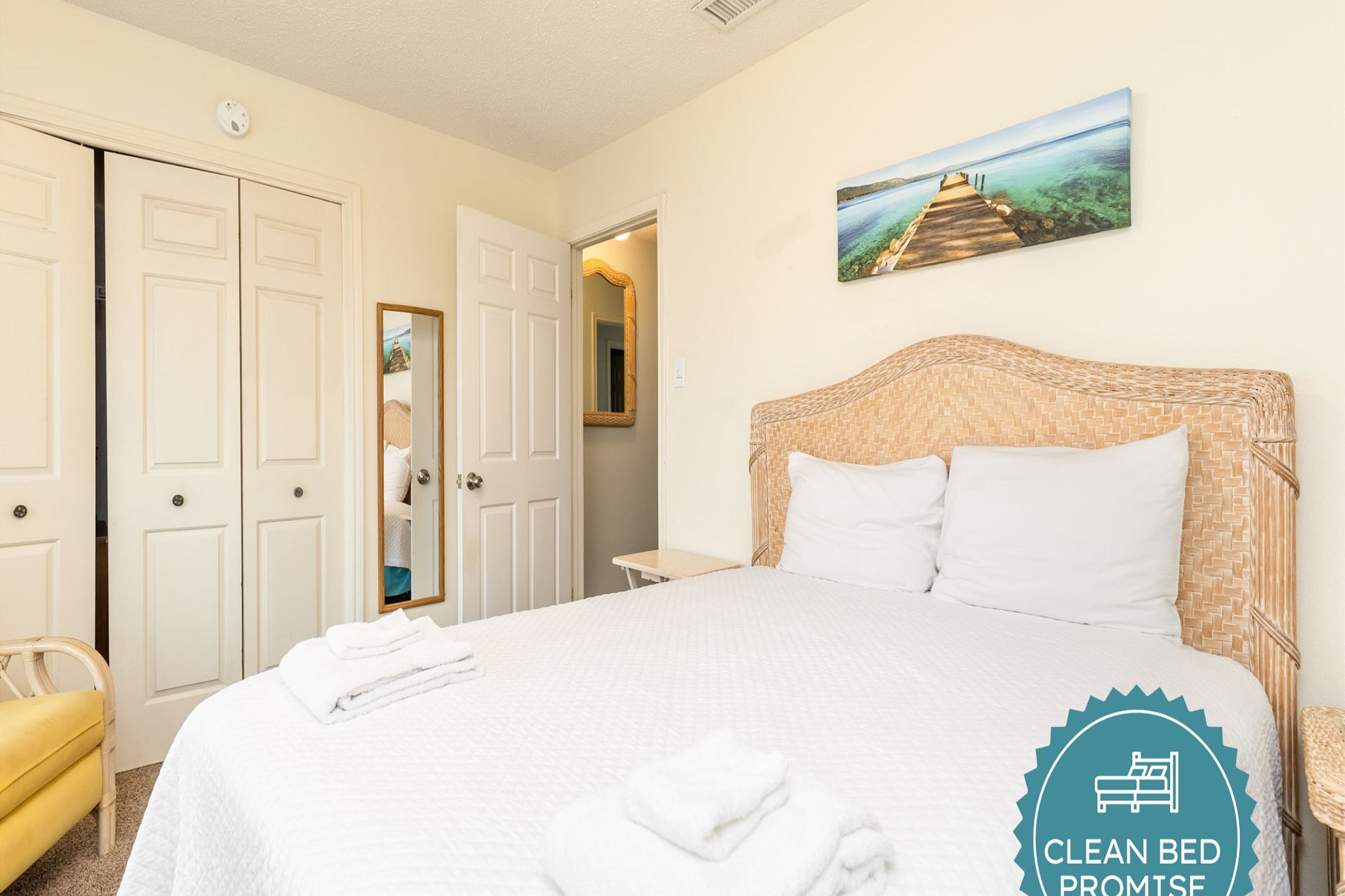 Sleep better at Padre Escapes with our exclusive Clean Bed Promise; providing fresh linens, comforters, and towels washed at high temperatures exceeding CDC recommendations, setting us apart for a truly restful vacation