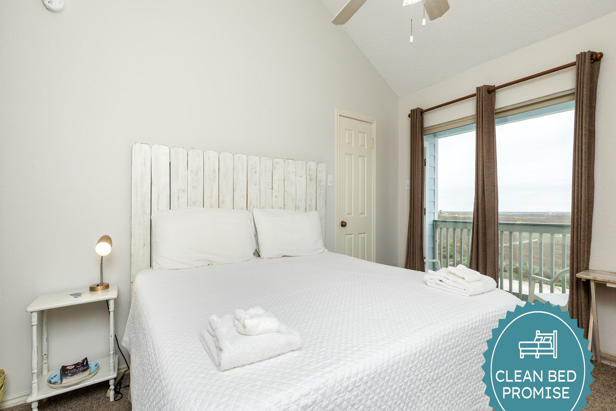 Sleep better at Padre Escapes with our exclusive Clean Bed Promise; providing fresh linens, comforters, and towels washed at high temperatures exceeding CDC recommendations, setting us apart for a truly restful vacation