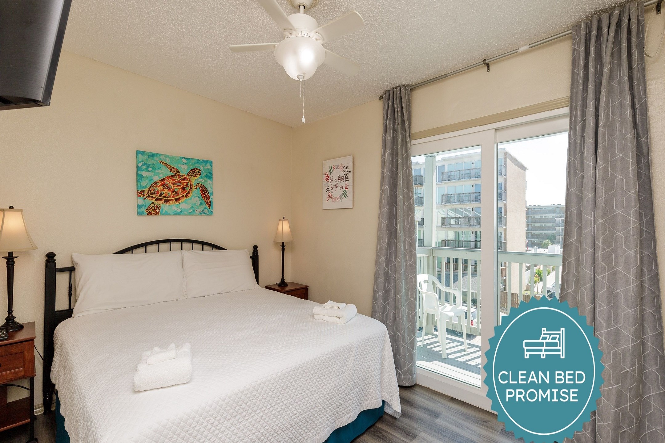 Sleep better at Padre Escapes with our exclusive Clean Bed Promise; providing fresh linens, comforters, and towels washed at high temperatures exceeding CDC recommendations, setting us apart for a truly restful vacation