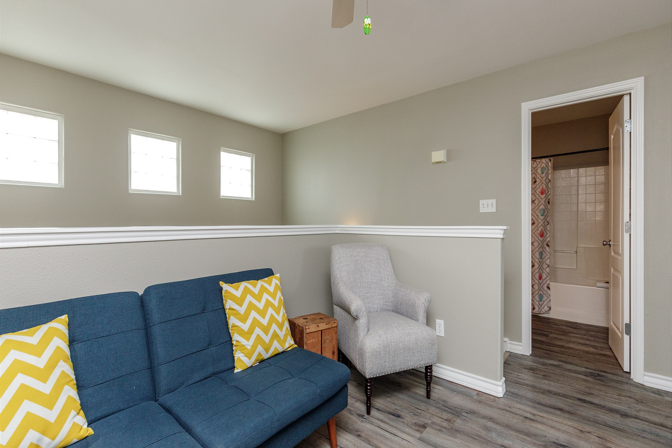 Second floor living space with full size futon