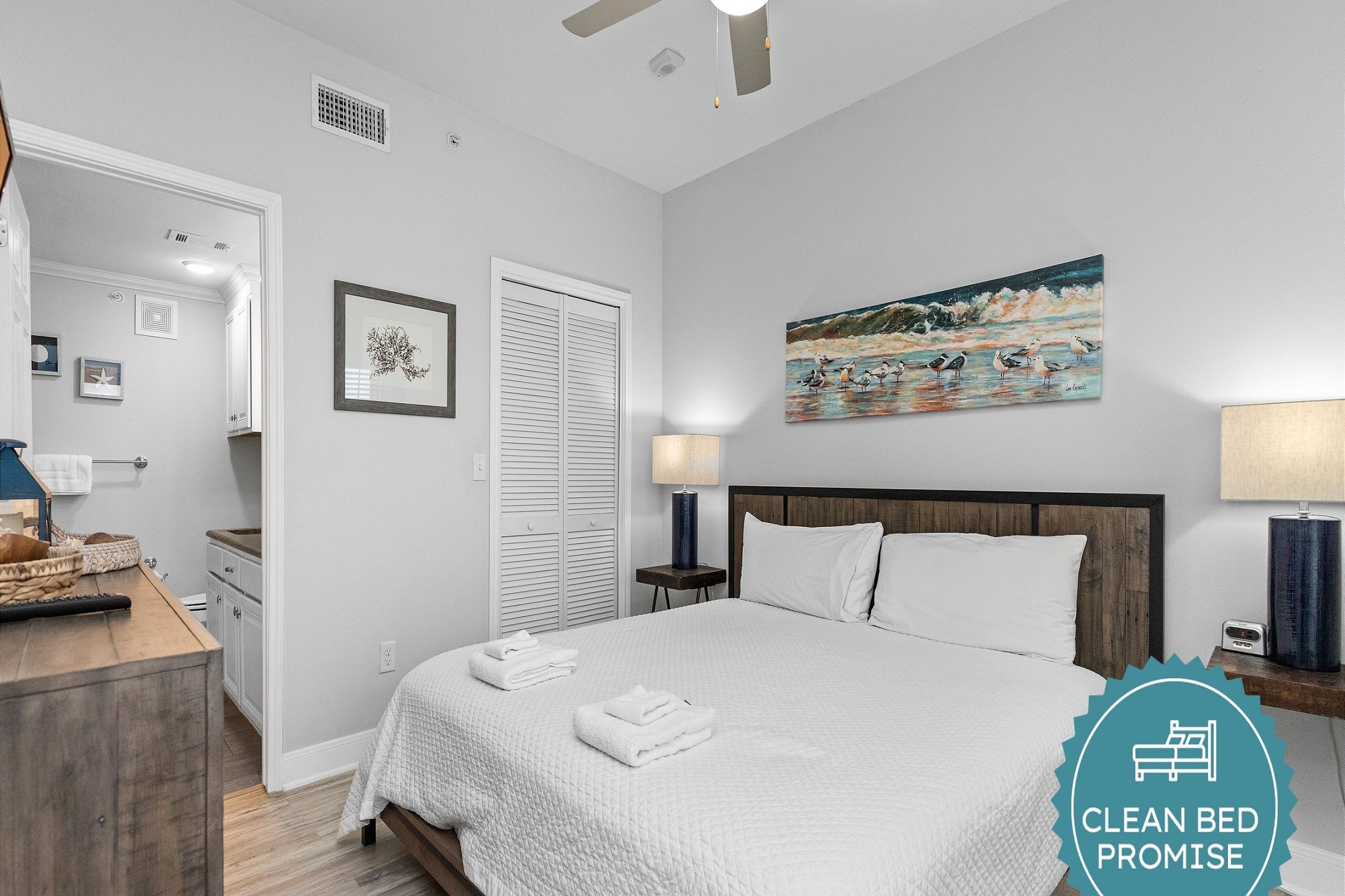 Sleep better at Padre Escapes with our exclusive Clean Bed Promise; providing fresh linens, comforters, and towels washed at high temperatures exceeding CDC recommendations, setting us apart for a truly restful vacation