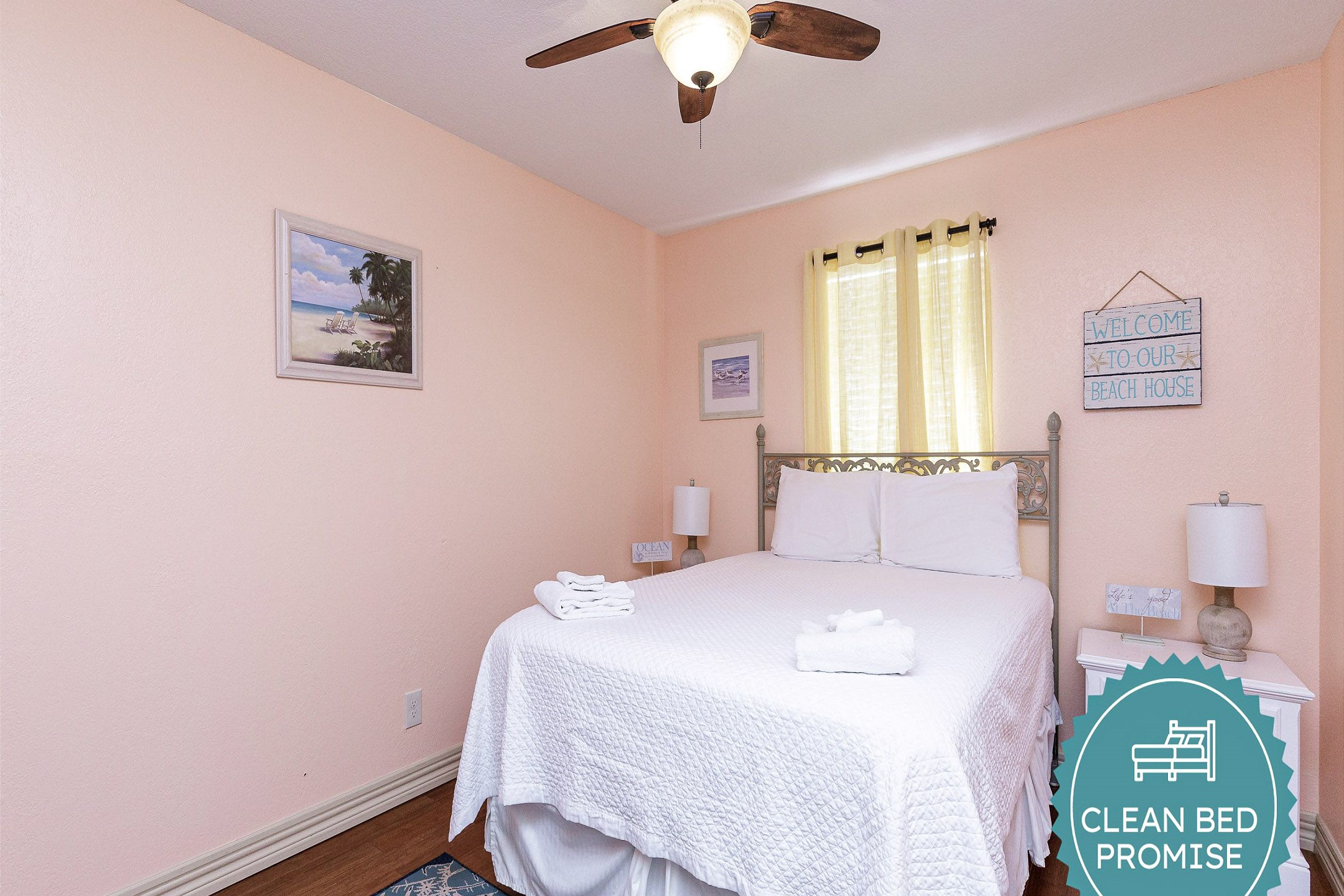 Sleep better at Padre Escapes with our exclusive Clean Bed Promise; providing fresh linens, comforters, and towels washed at high temperatures exceeding CDC recommendations, setting us apart for a truly restful vacation