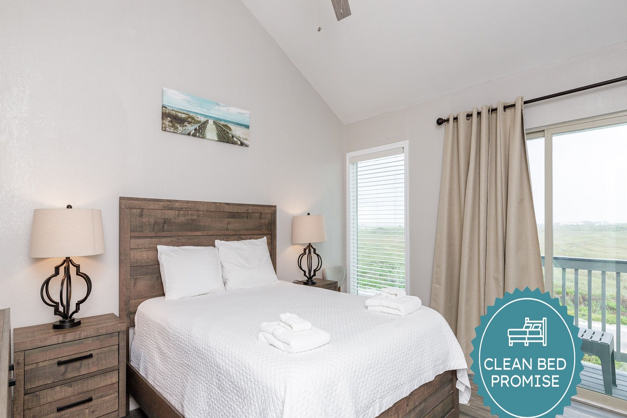 Sleep better at Padre Escapes with our exclusive Clean Bed Promise, providing fresh linens, comforters, and towels washed at high temperatures exceeding CDC recommendations, setting us apart for a truly restful vacation