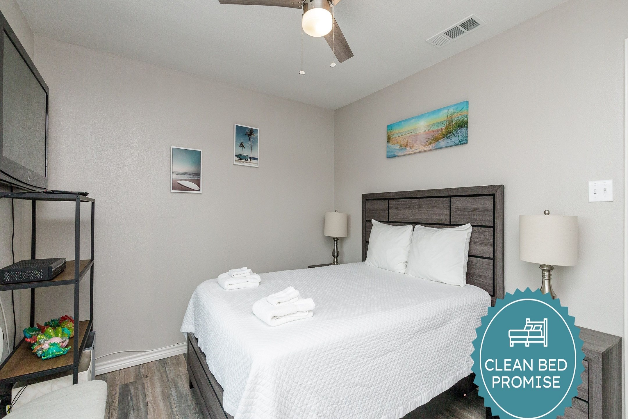 Sleep better at Padre Escapes with our exclusive Clean Bed Promise, providing fresh linens, comforters, and towels washed at high temperatures exceeding CDC recommendations, setting us apart for a truly restful vacation