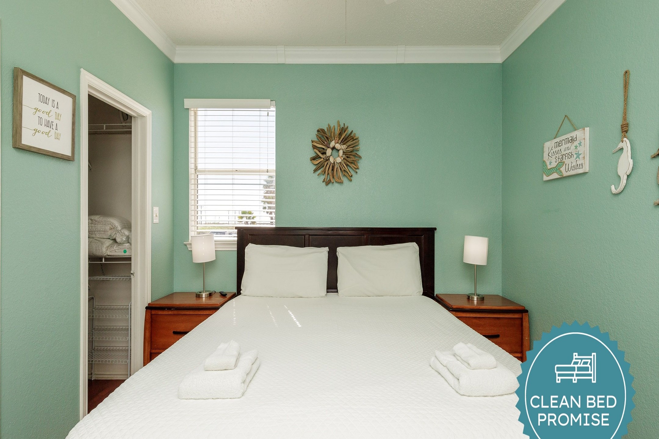 Sleep better at Padre Escapes with our exclusive Clean Bed Promise, providing fresh linens, comforters, and towels washed at high temperatures exceeding CDC recommendations, setting us apart for a truly restful vacation 
