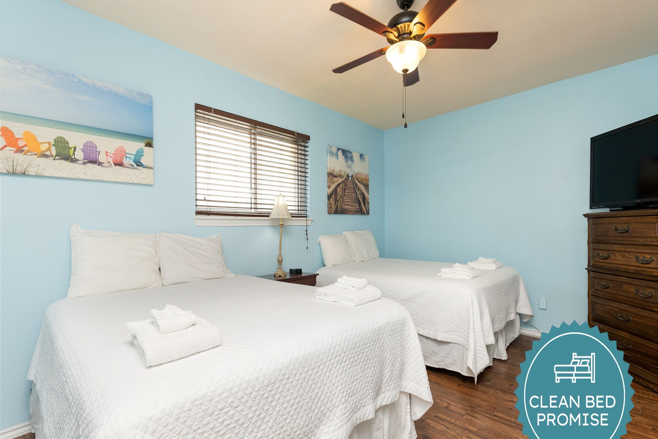 Sleep better at Padre Escapes with our exclusive Clean Bed Promise; providing fresh linens, comforters, and towels washed at high temperatures exceeding CDC recommendations, setting us apart for a truly restful vacation