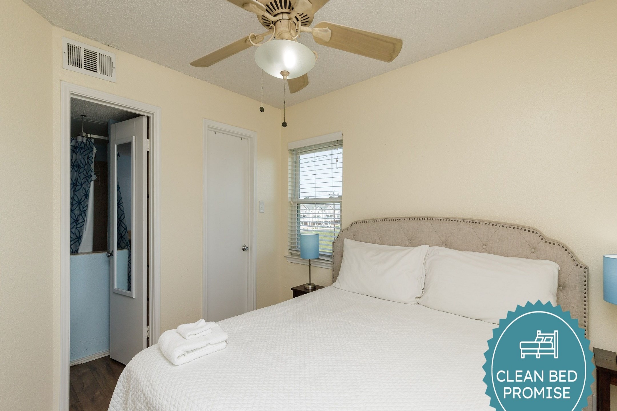 Sleep better at Padre Escapes with our exclusive Clean Bed Promise; providing fresh linens, comforters, and towels washed at high temperatures exceeding CDC recommendations, setting us apart for a truly restful vacation