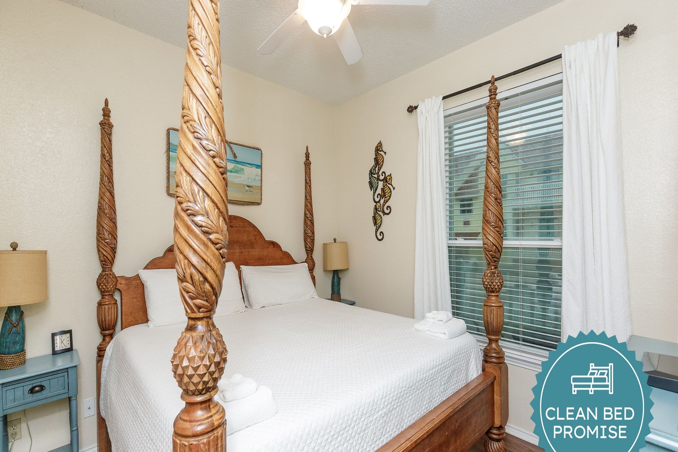 Sleep better at Padre Escapes with our exclusive Clean Bed Promise, providing fresh linens, comforters, and towels washed at high temperatures exceeding CDC recommendations, setting us apart for a truly restful vacation