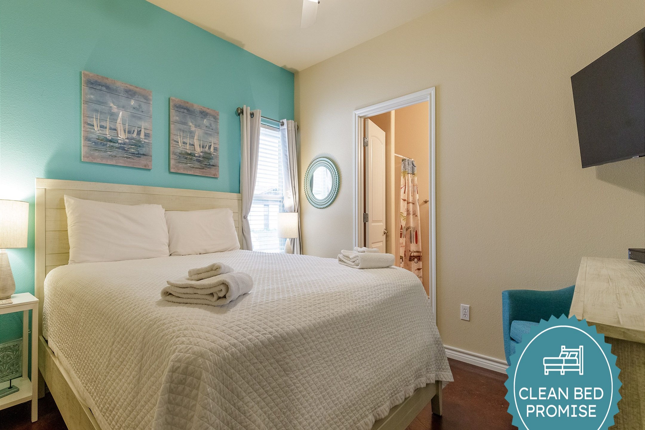 Sleep better at Padre Escapes with our exclusive Clean Bed Promise; providing fresh linens, comforters, and towels washed at high temperatures exceeding CDC recommendations, setting us apart for a truly restful vacation