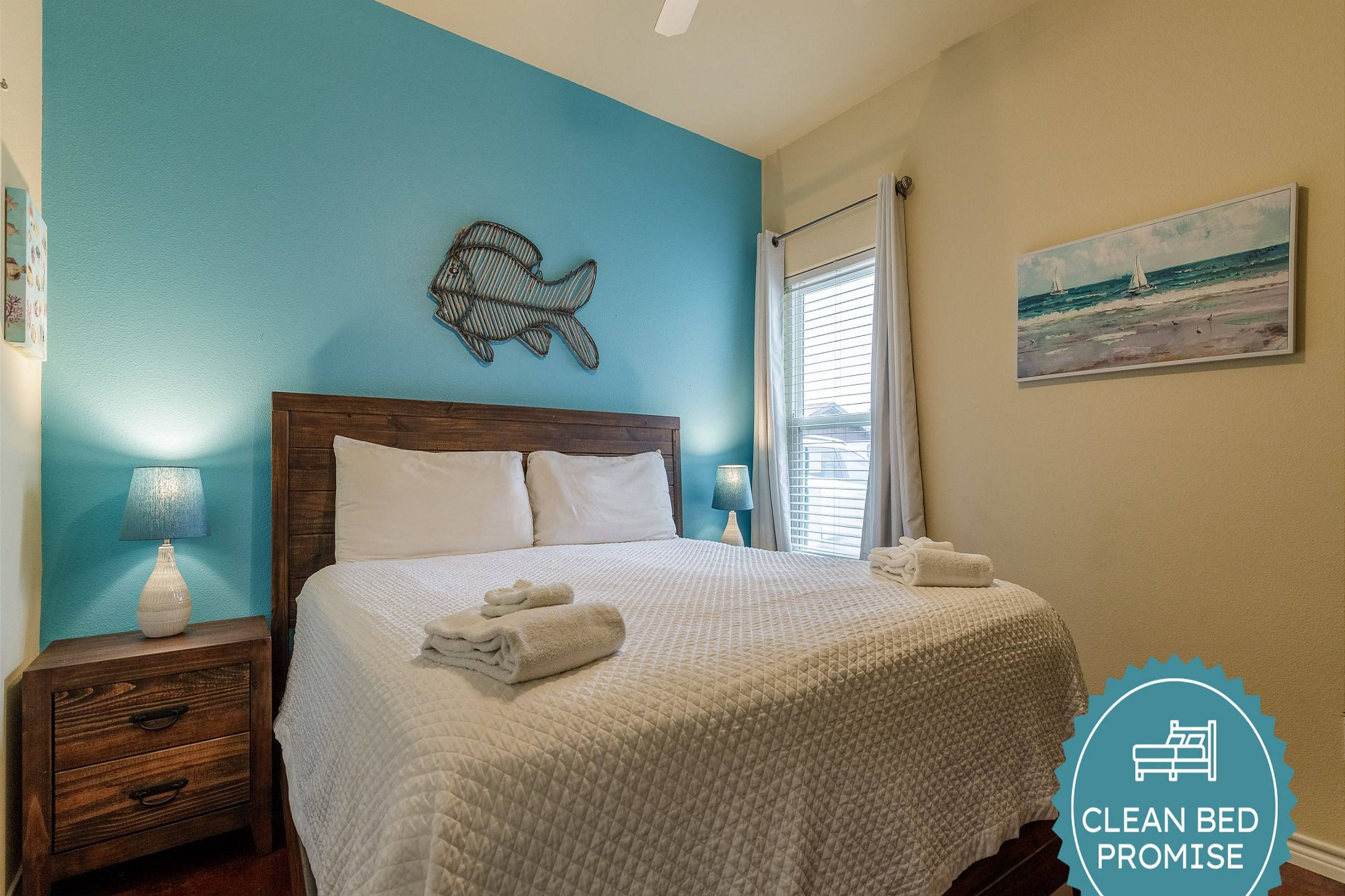 Sleep better at Padre Escapes with our exclusive Clean Bed Promise; providing fresh linens, comforters, and towels washed at high temperatures exceeding CDC recommendations, setting us apart for a truly restful vacation