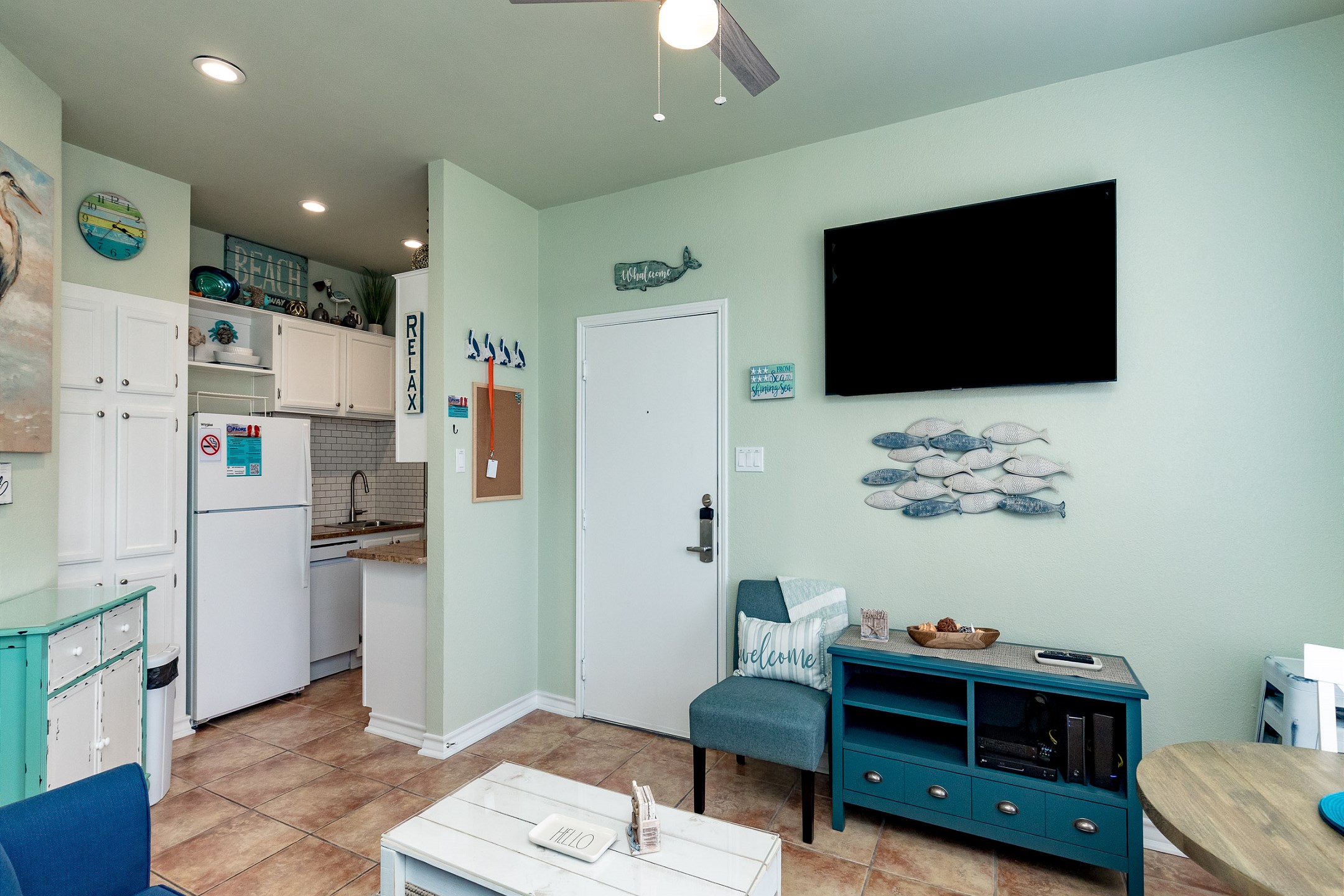 Conjoined kitchen, dining, and living area