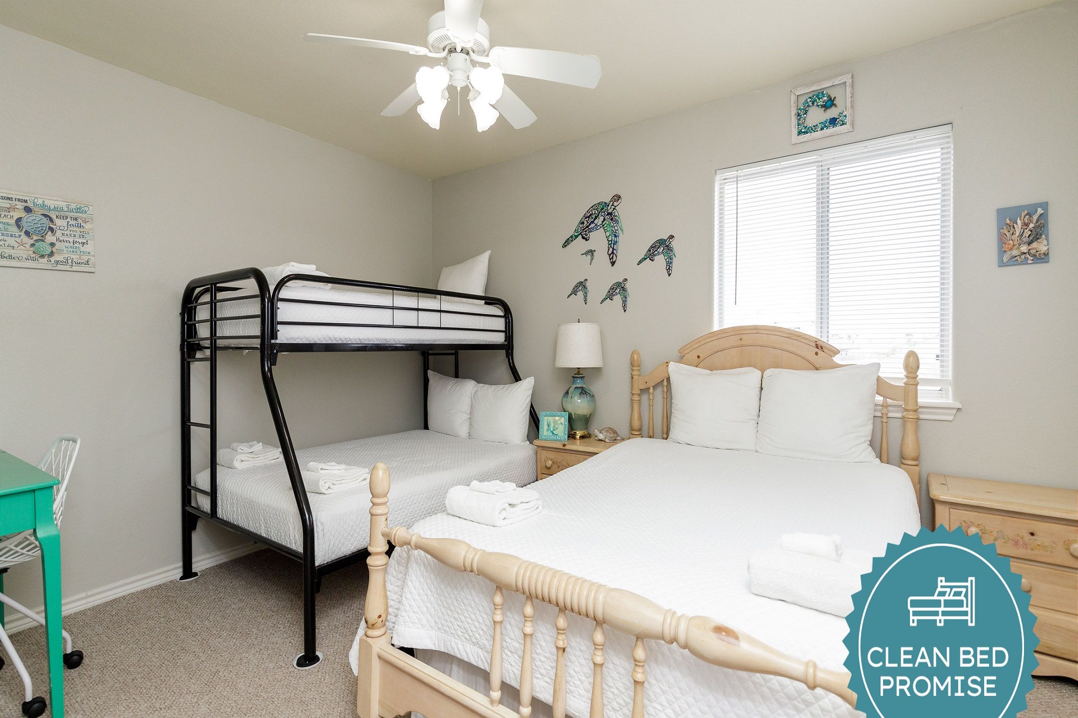 Sleep better at Padre Escapes with our exclusive Clean Bed Promise; providing fresh linens, comforters, and towels washed at high temperatures exceeding CDC recommendations, setting us apart for a truly restful vacation