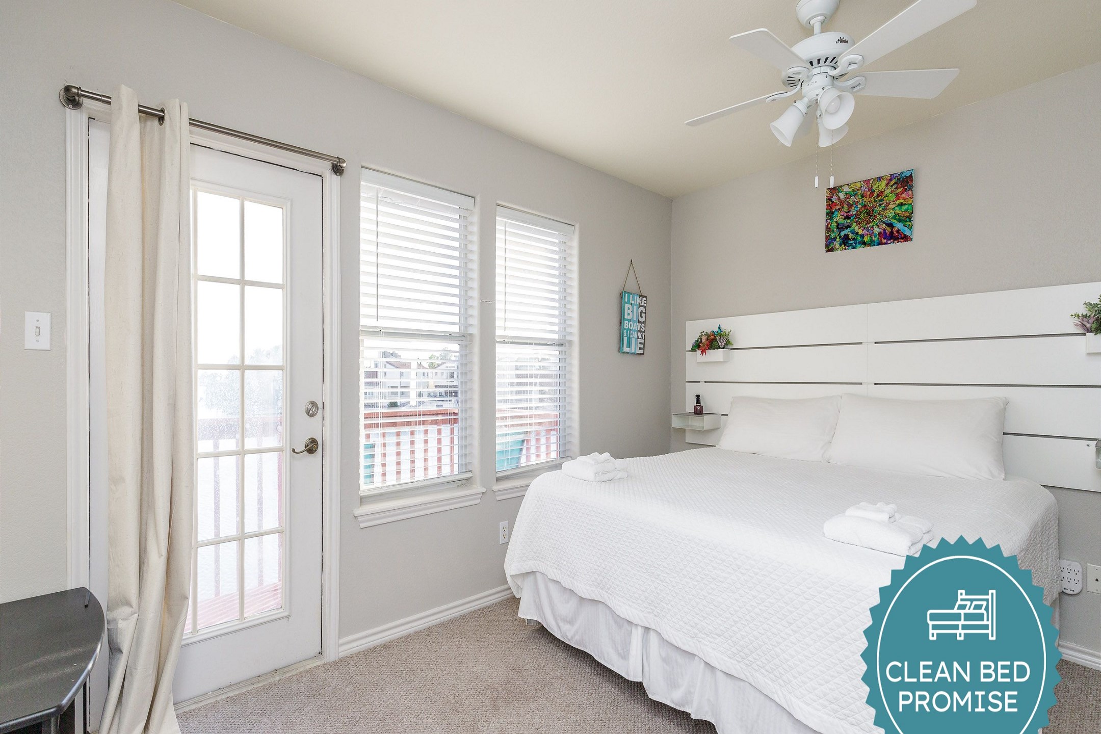 Sleep better at Padre Escapes with our exclusive Clean Bed Promise; providing fresh linens, comforters, and towels washed at high temperatures exceeding CDC recommendations, setting us apart for a truly restful vacation