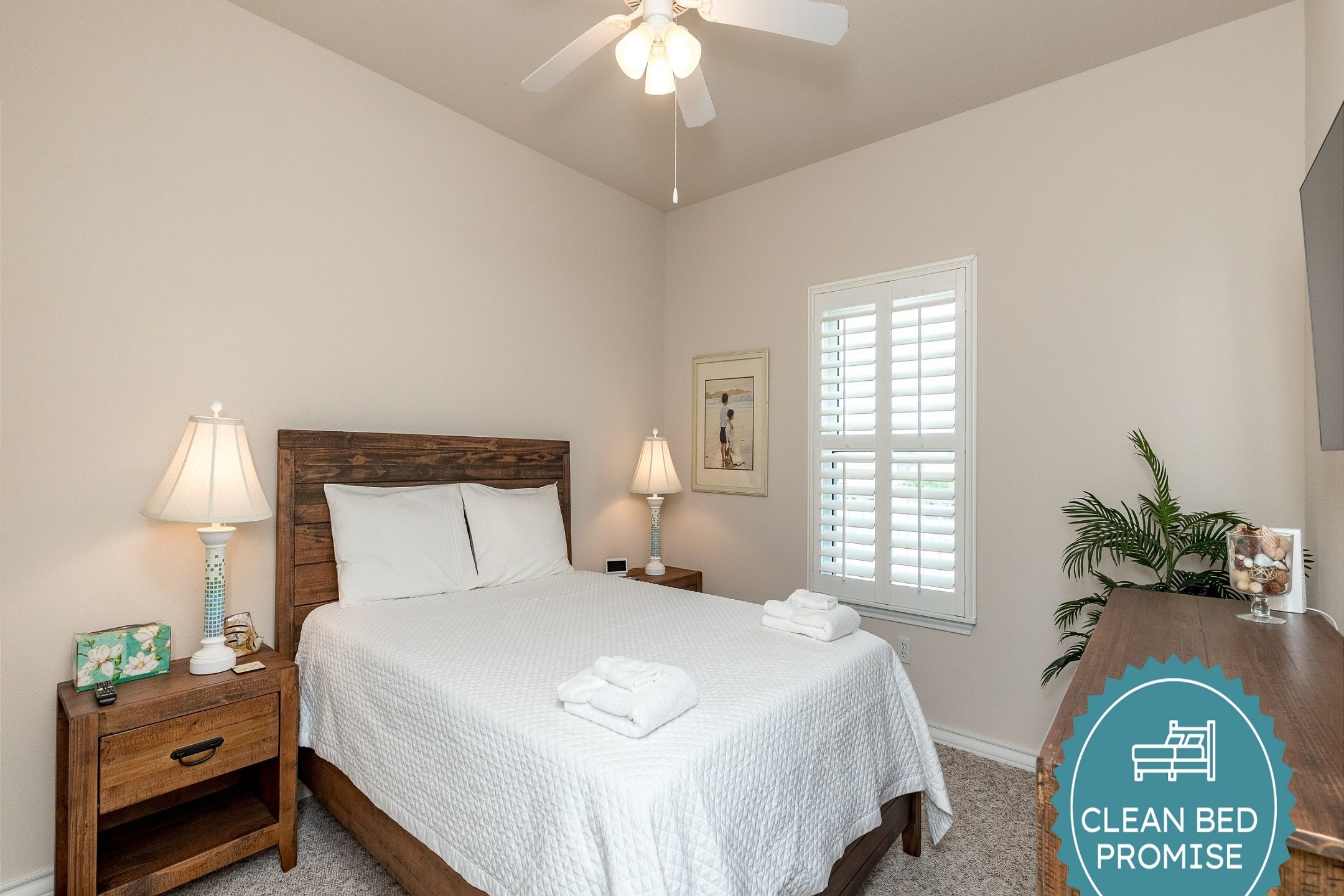 Sleep better at Padre Escapes with our exclusive Clean Bed Promise; providing fresh linens, comforters, and towels washed at high temperatures exceeding CDC recommendations, setting us apart for a truly restful vacation