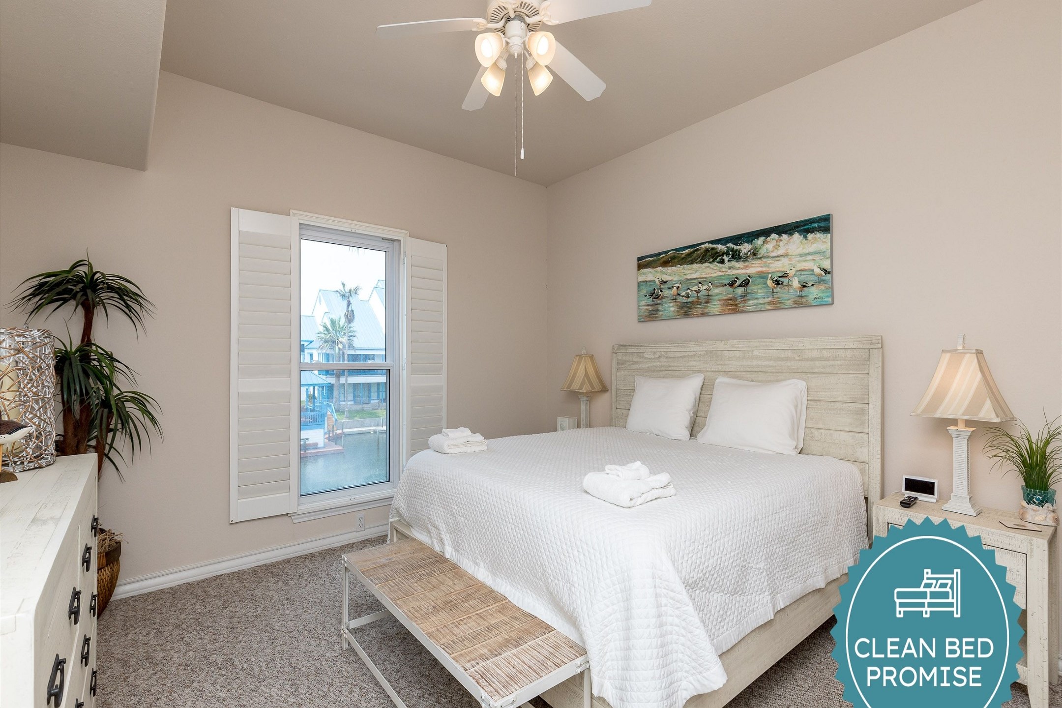 Sleep better at Padre Escapes with our exclusive Clean Bed Promise; providing fresh linens, comforters, and towels washed at high temperatures exceeding CDC recommendations, setting us apart for a truly restful vacation