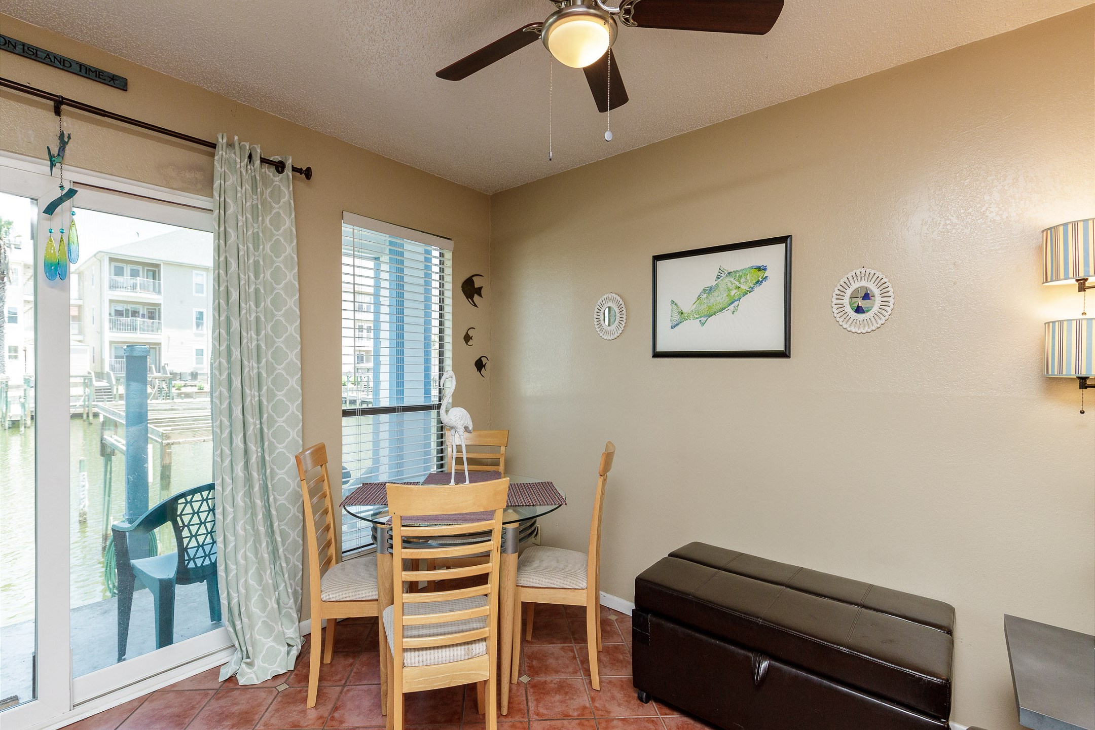 Enjoy the waterfront views while eating lunch at the dining table