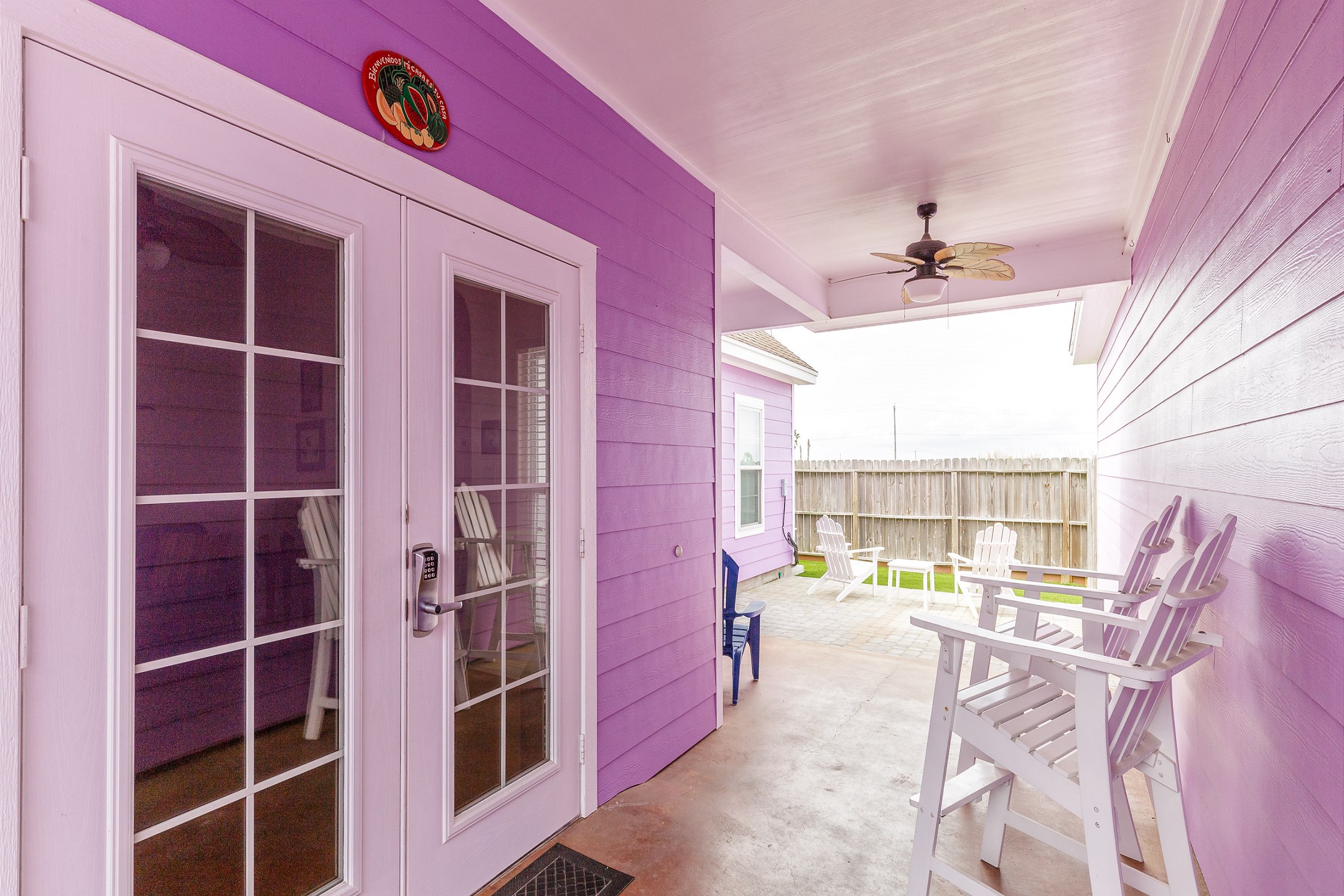 Private patio area with seating 