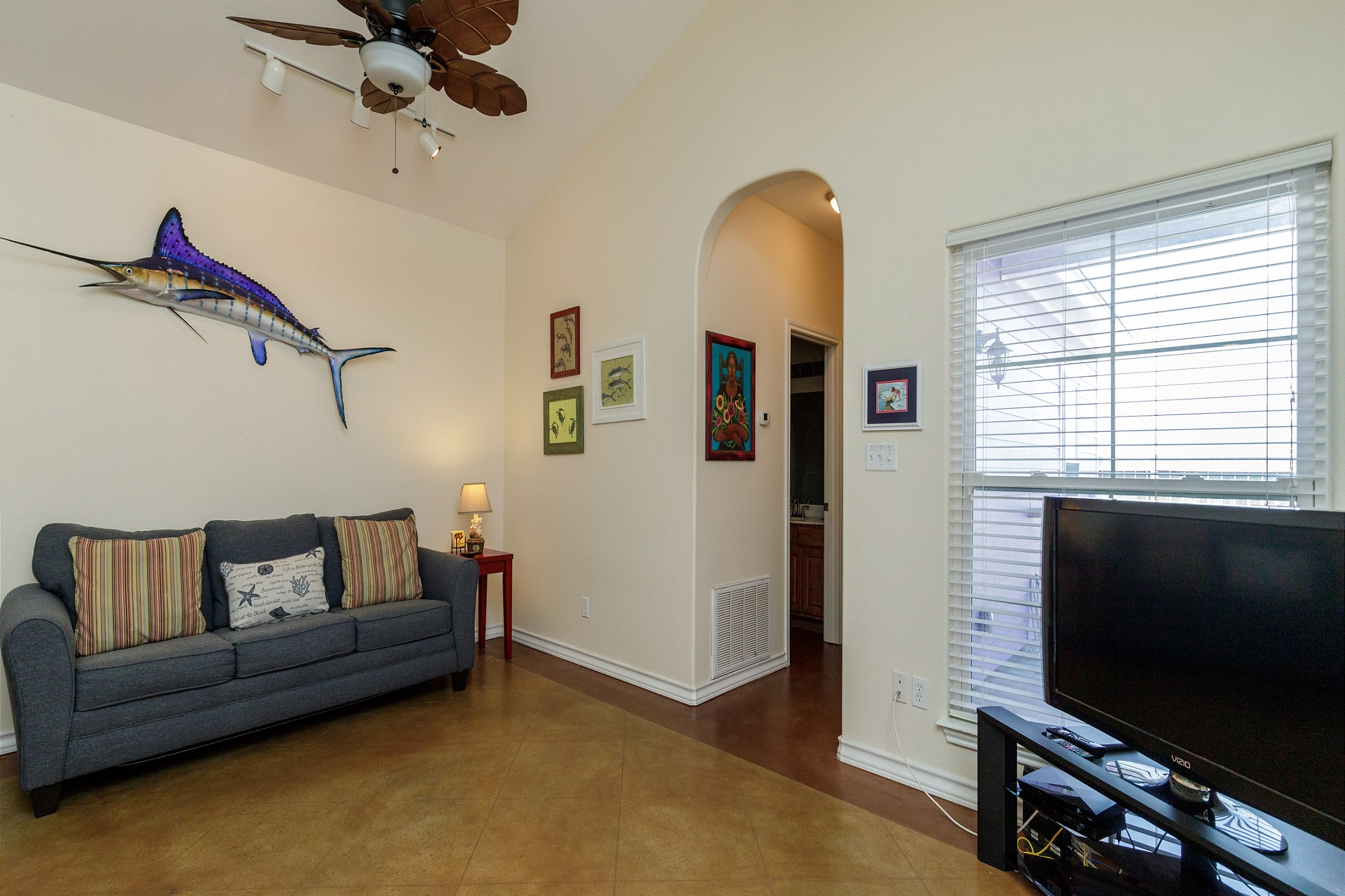 Chic and cozy gathering space with a queen size sleeper sofa