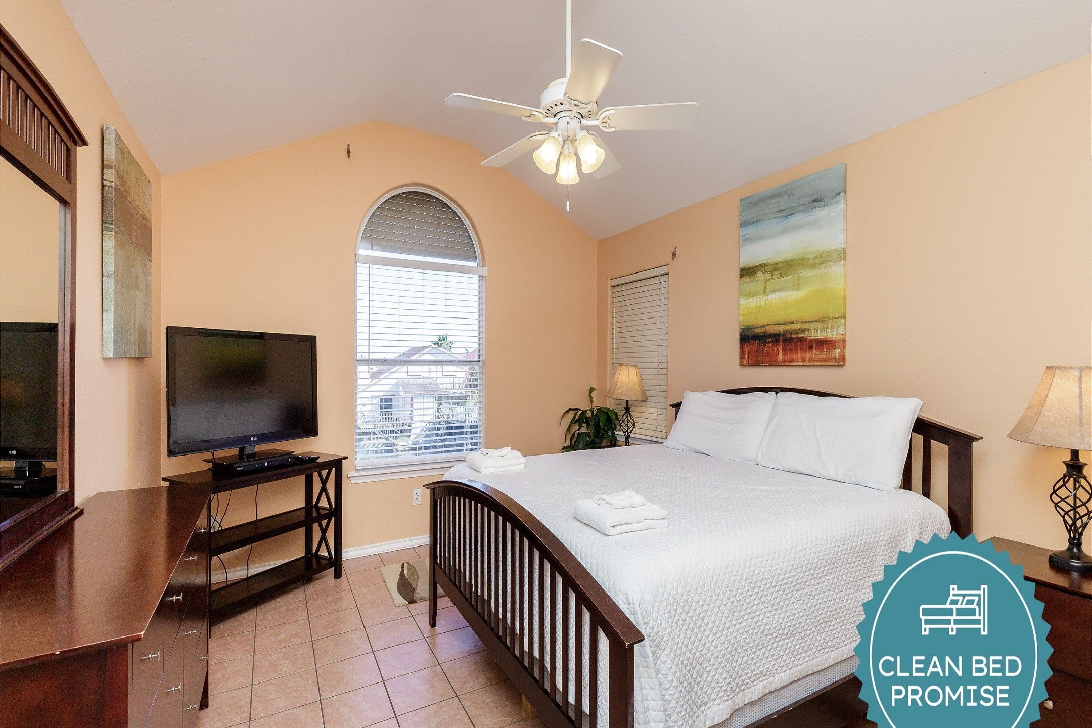Sleep better at Padre Escapes with our exclusive Clean Bed Promise, providing fresh linens, comforters, and towels washed at high temperatures exceeding CDC recommendations, setting us apart for a truly restful vacation