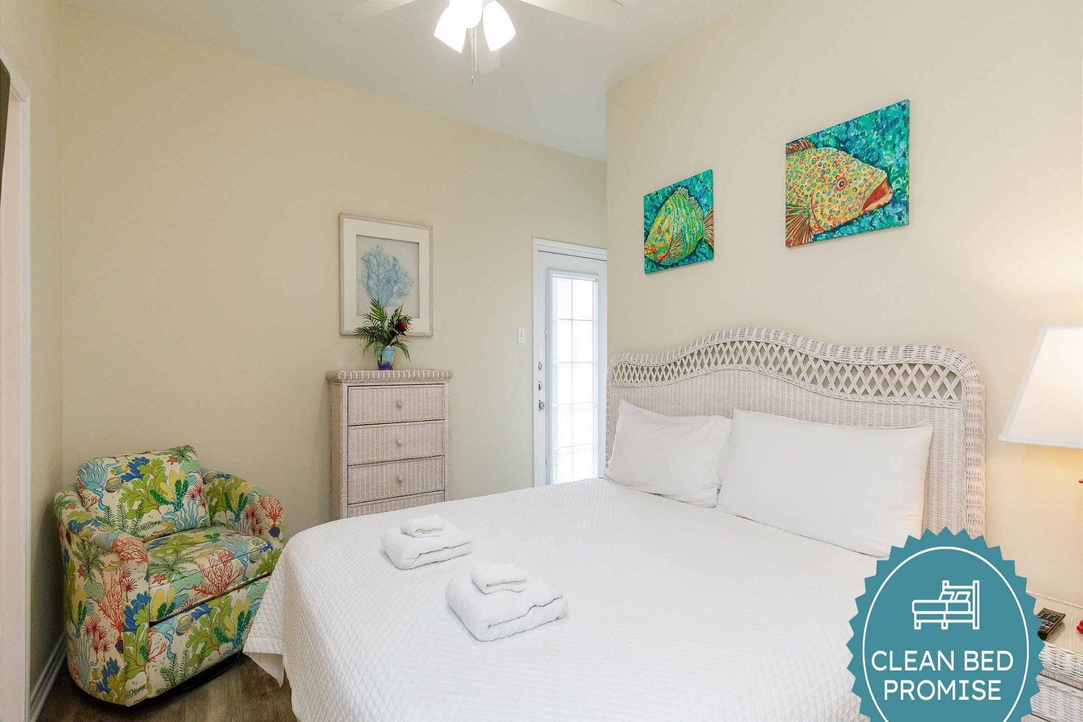 Sleep better at Padre Escapes with our exclusive Clean Bed Promise; providing fresh linens, comforters, and towels washed at high temperatures exceeding CDC recommendations, setting us apart for a truly restful vacation