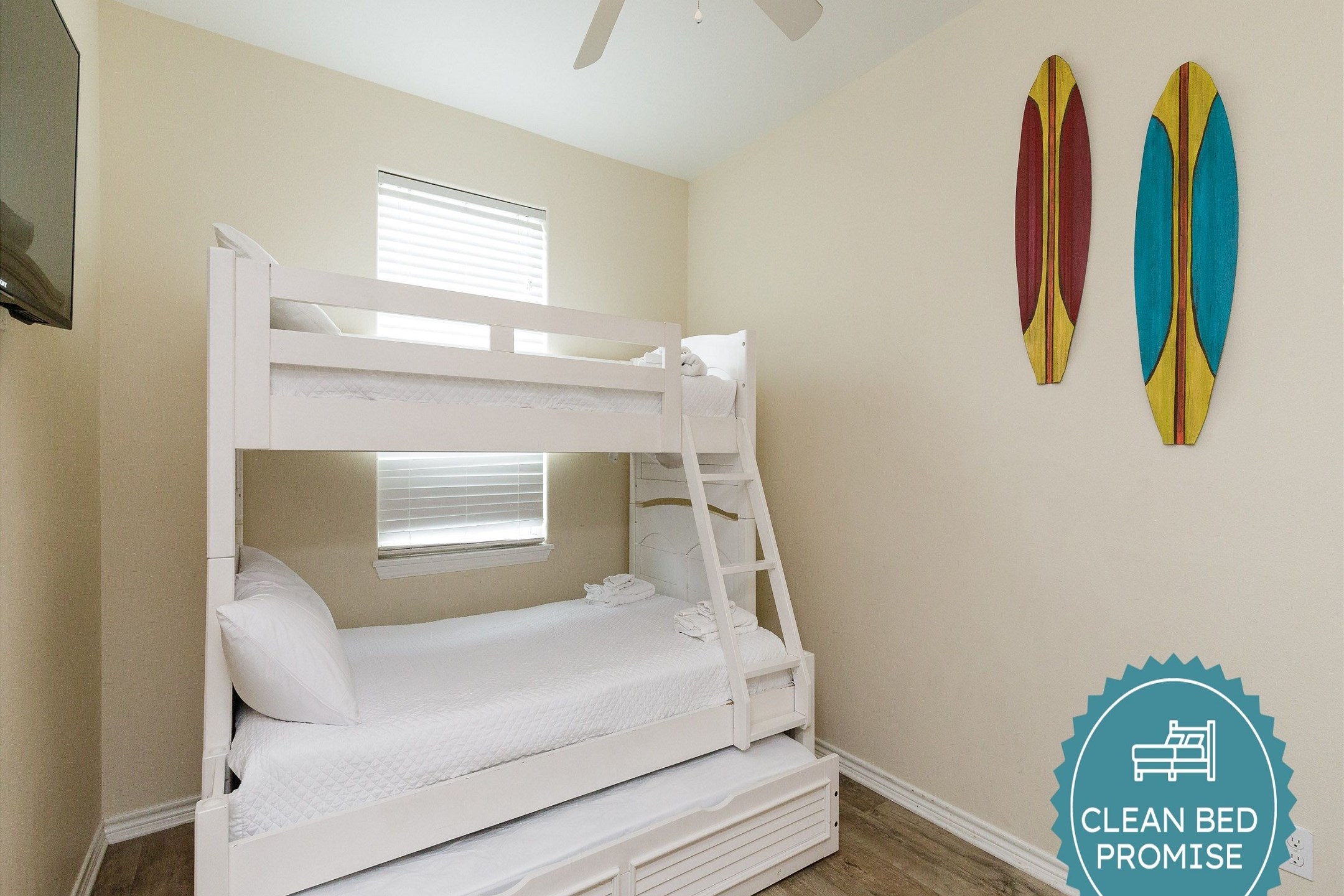 Sleep better at Padre Escapes with our exclusive Clean Bed Promise; providing fresh linens, comforters, and towels washed at high temperatures exceeding CDC recommendations, setting us apart for a truly restful vacation
