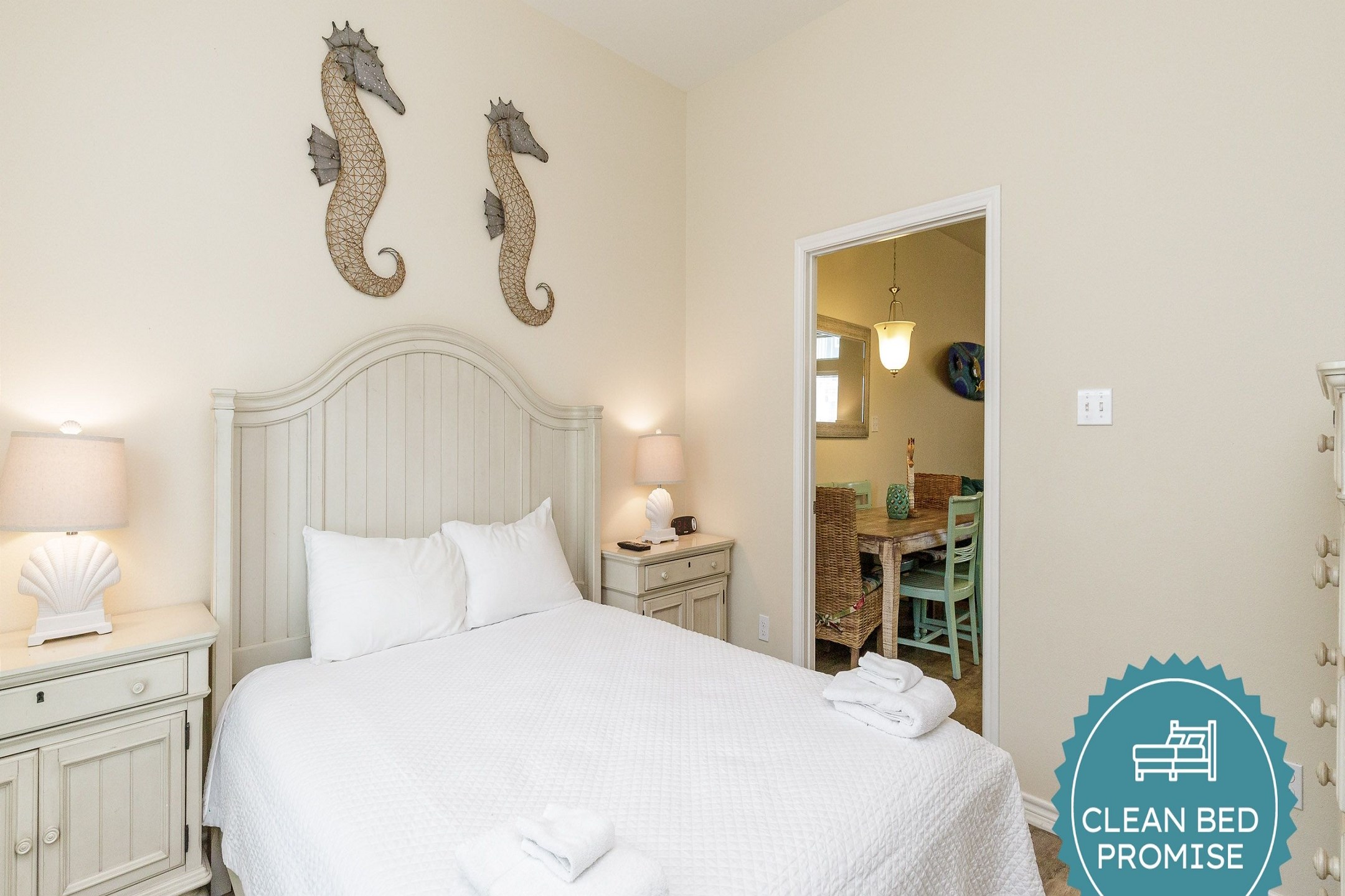 Sleep better at Padre Escapes with our exclusive Clean Bed Promise; providing fresh linens, comforters, and towels washed at high temperatures exceeding CDC recommendations, setting us apart for a truly restful vacation