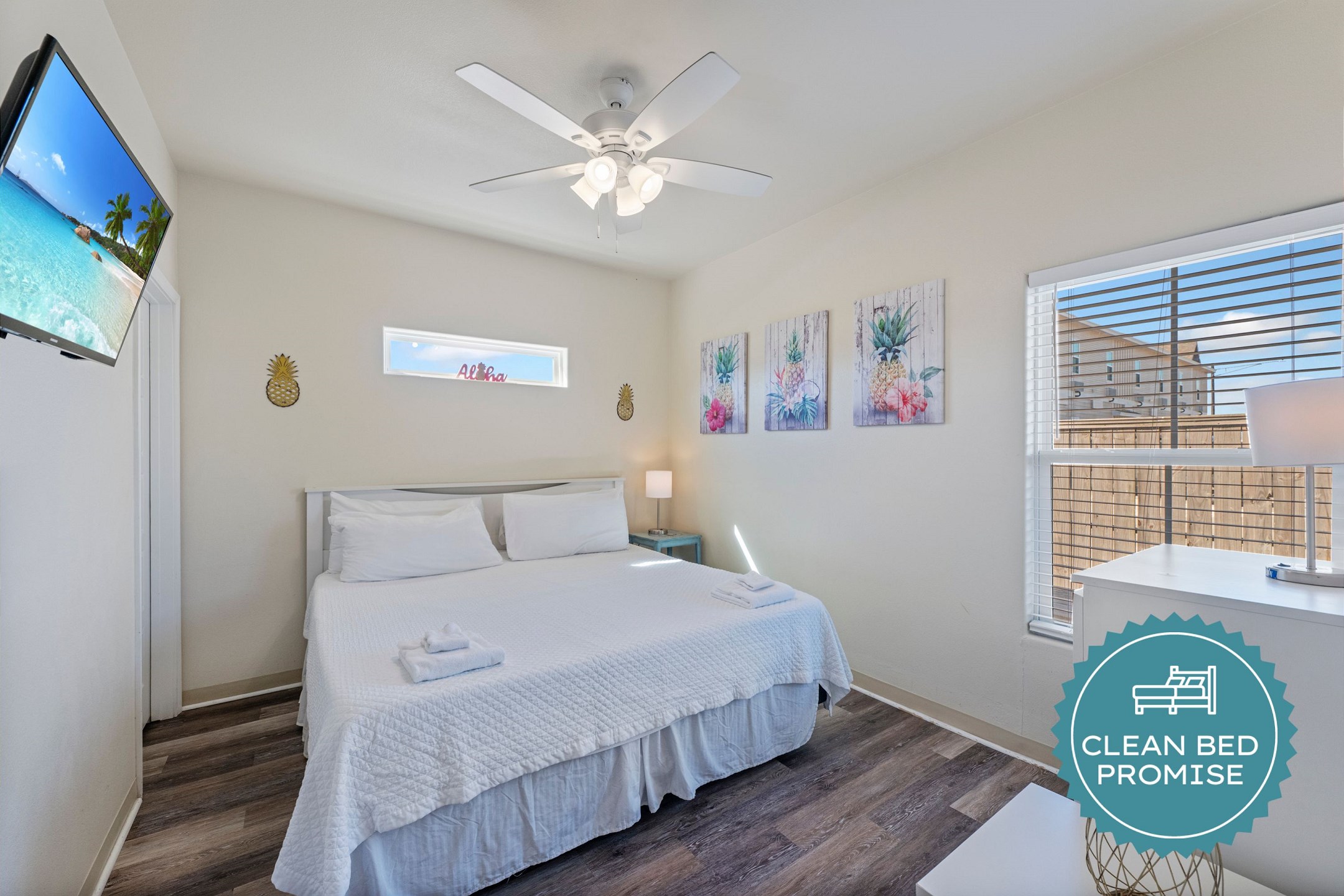Sleep better at Padre Escapes with our exclusive Clean Bed Promise, providing fresh linens, comforters, and towels washed at high temperatures exceeding CDC recommendations, setting us apart for a truly restful vacation 